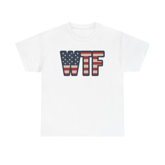 White Printify t-shirt with patriotic humor t-shirt design featuring WTF letters in American flag pattern