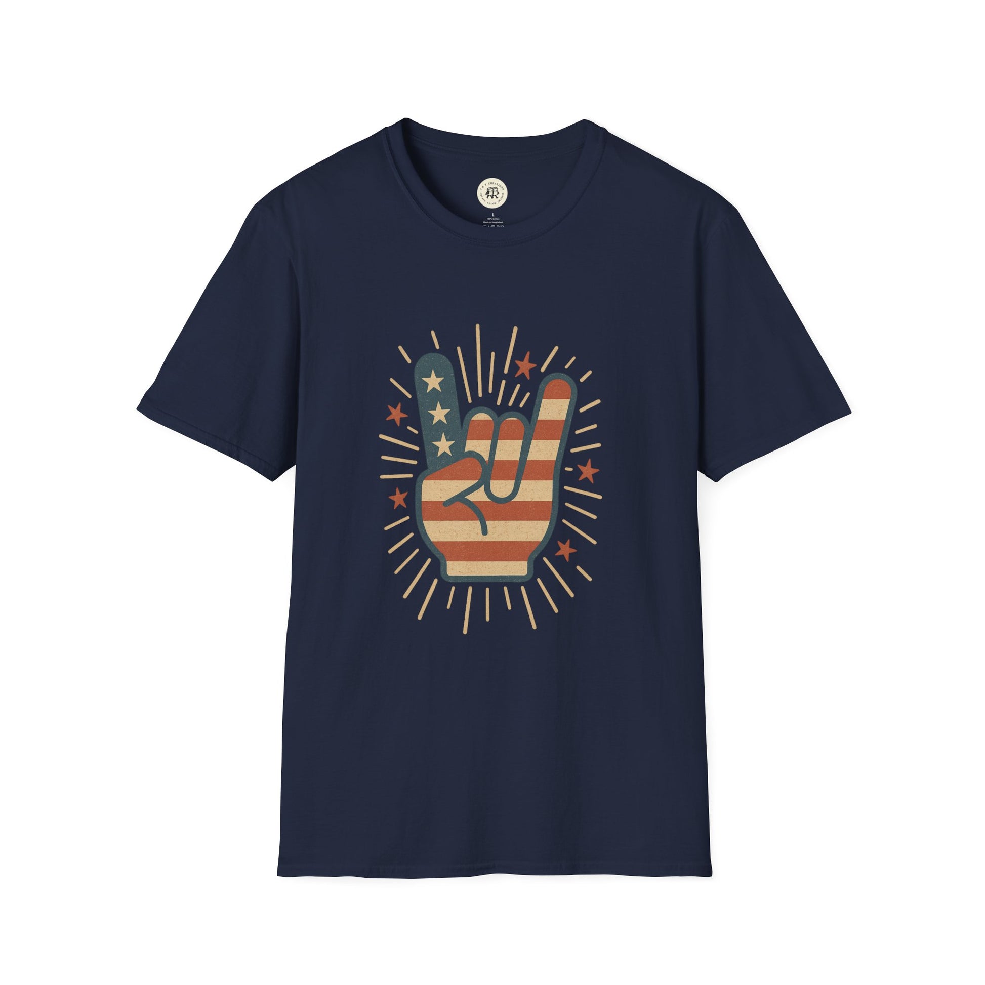 Printify navy t-shirt featuring a hand making rock sign with American flag design patriotic rock t-shirt