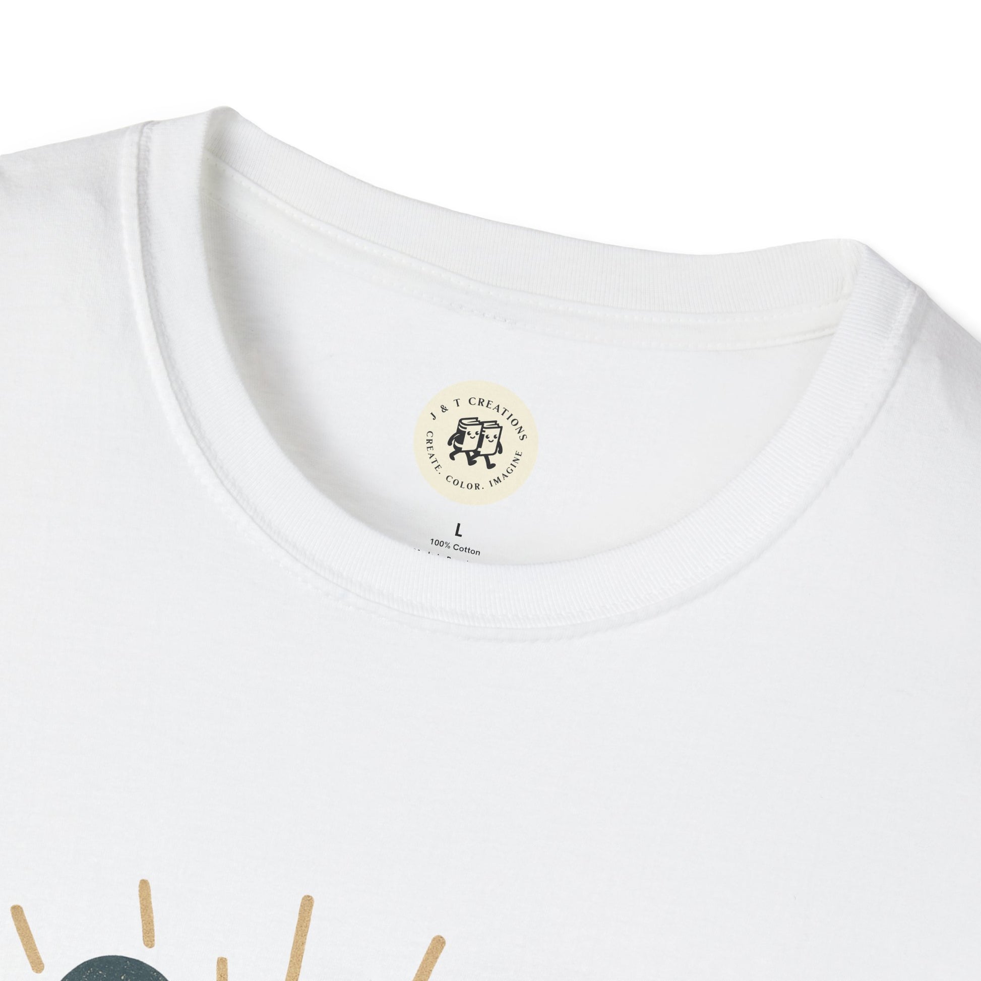 White Printify patriotic rock t-shirt featuring a close-up of the collar and part of the graphic design