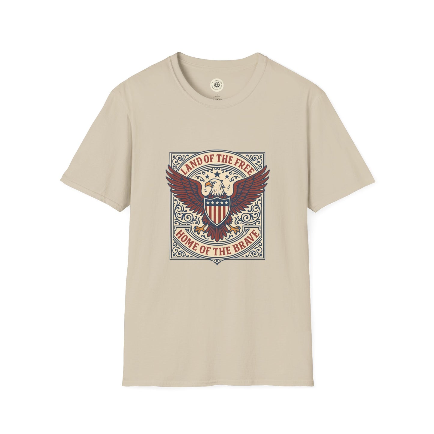 Printify patriotic unisex t-shirt in beige with eagle and shield design and Land of the Free text