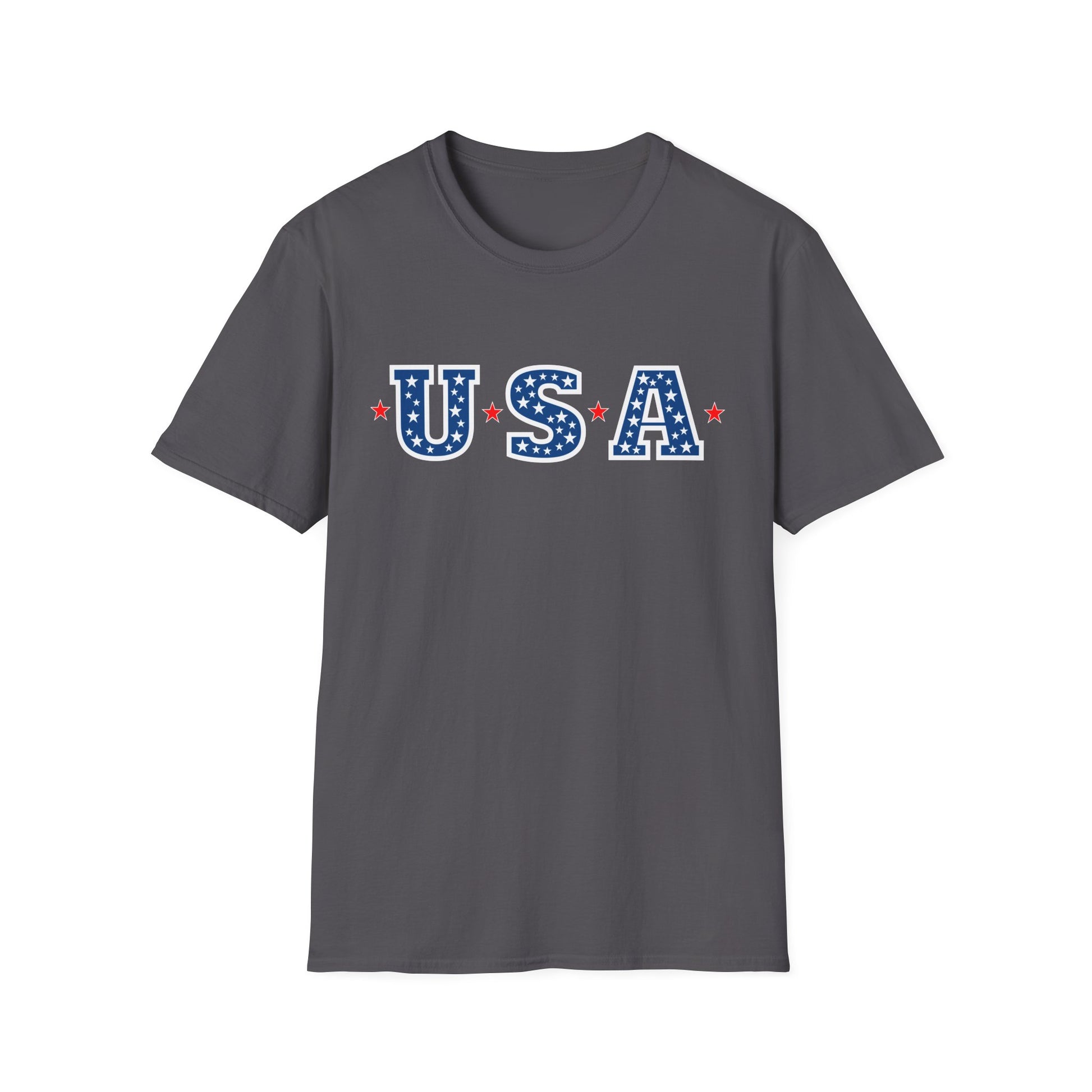 Printify patriotic USA t-shirt in gray with blue and white star-spangled USA letters and red stars