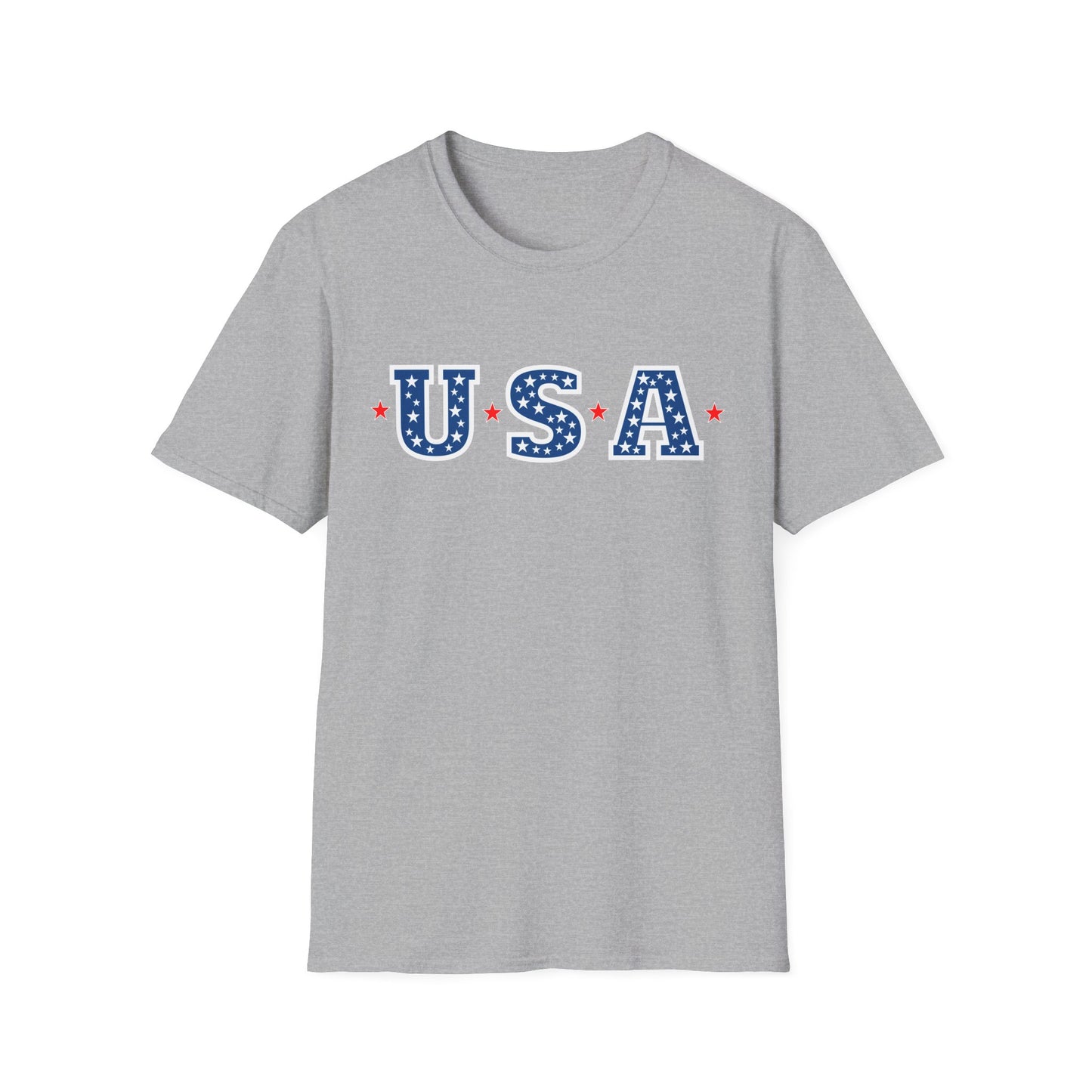 Gray Printify patriotic USA t-shirt with blue and white star-spangled USA text and red stars