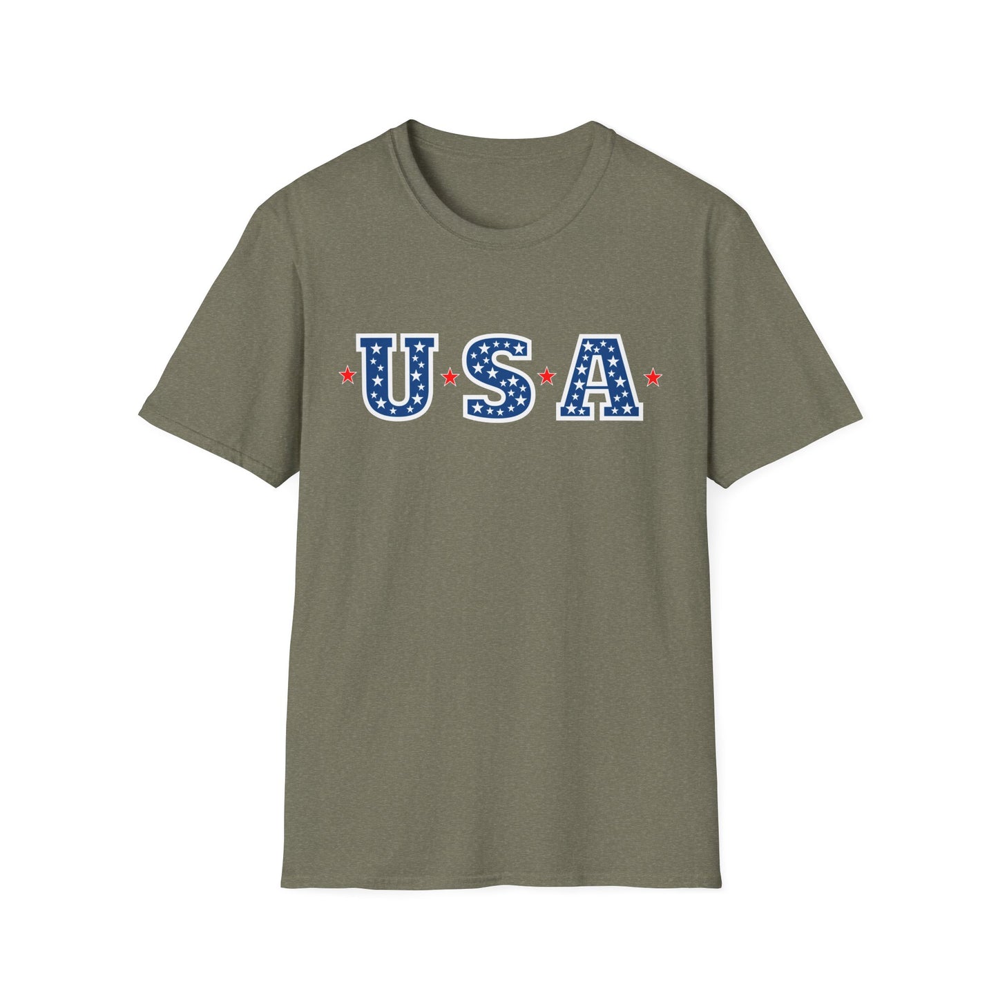 Printify patriotic USA t-shirt featuring blue letters with white stars and red accents on olive green fabric