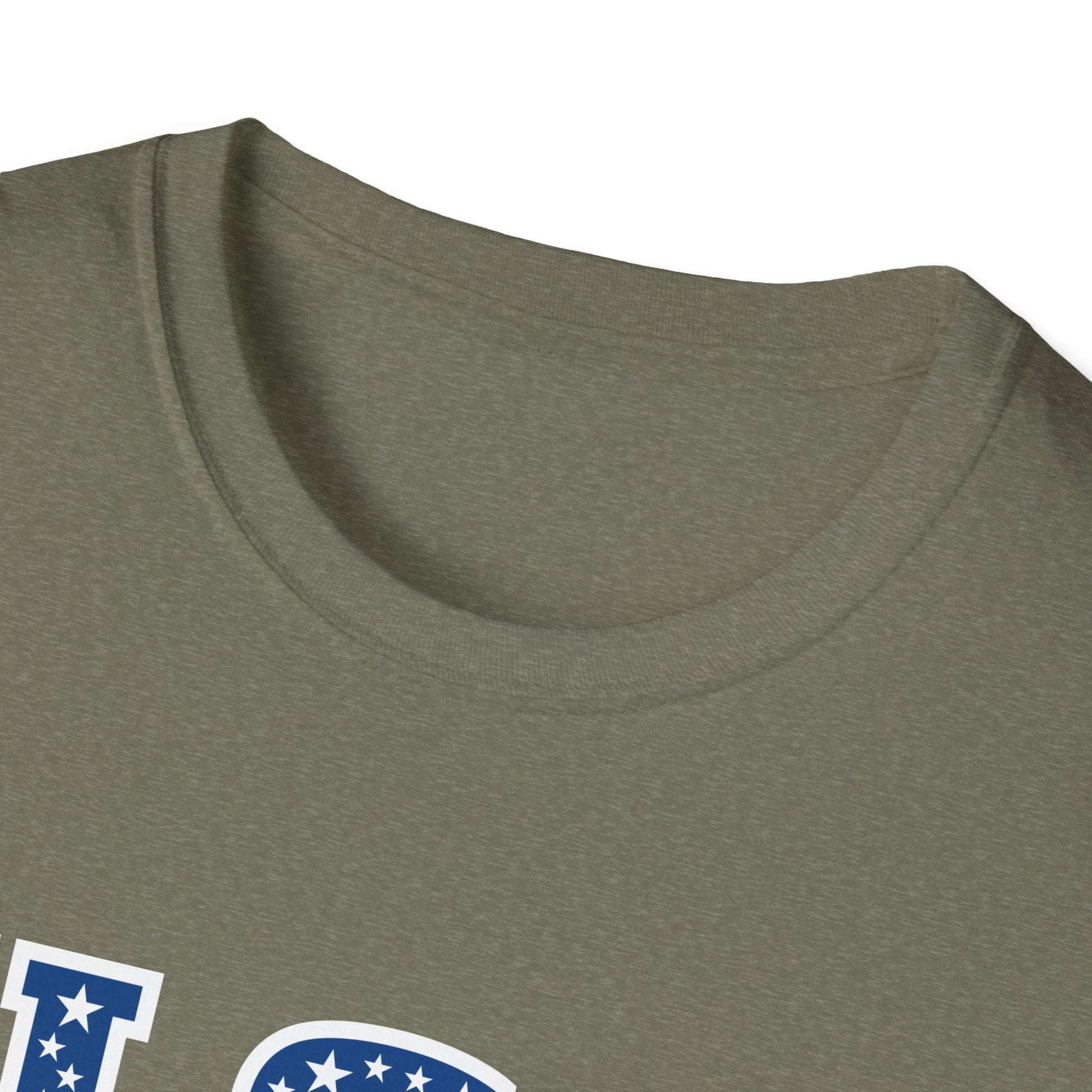 Close-up of olive green patriotic USA t-shirt collar with white and blue star design print