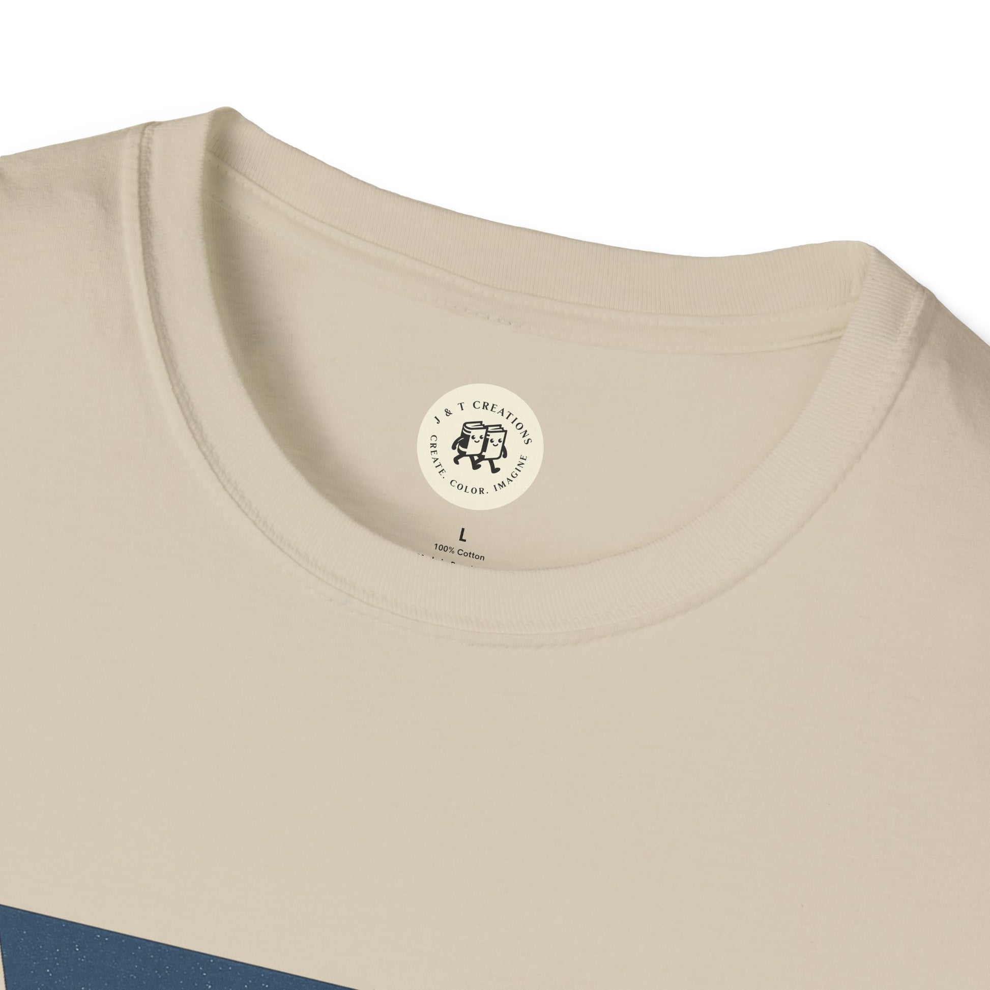 Close-up of beige Printify Pennsylvania keystone USA t-shirt with round neckline and tag label