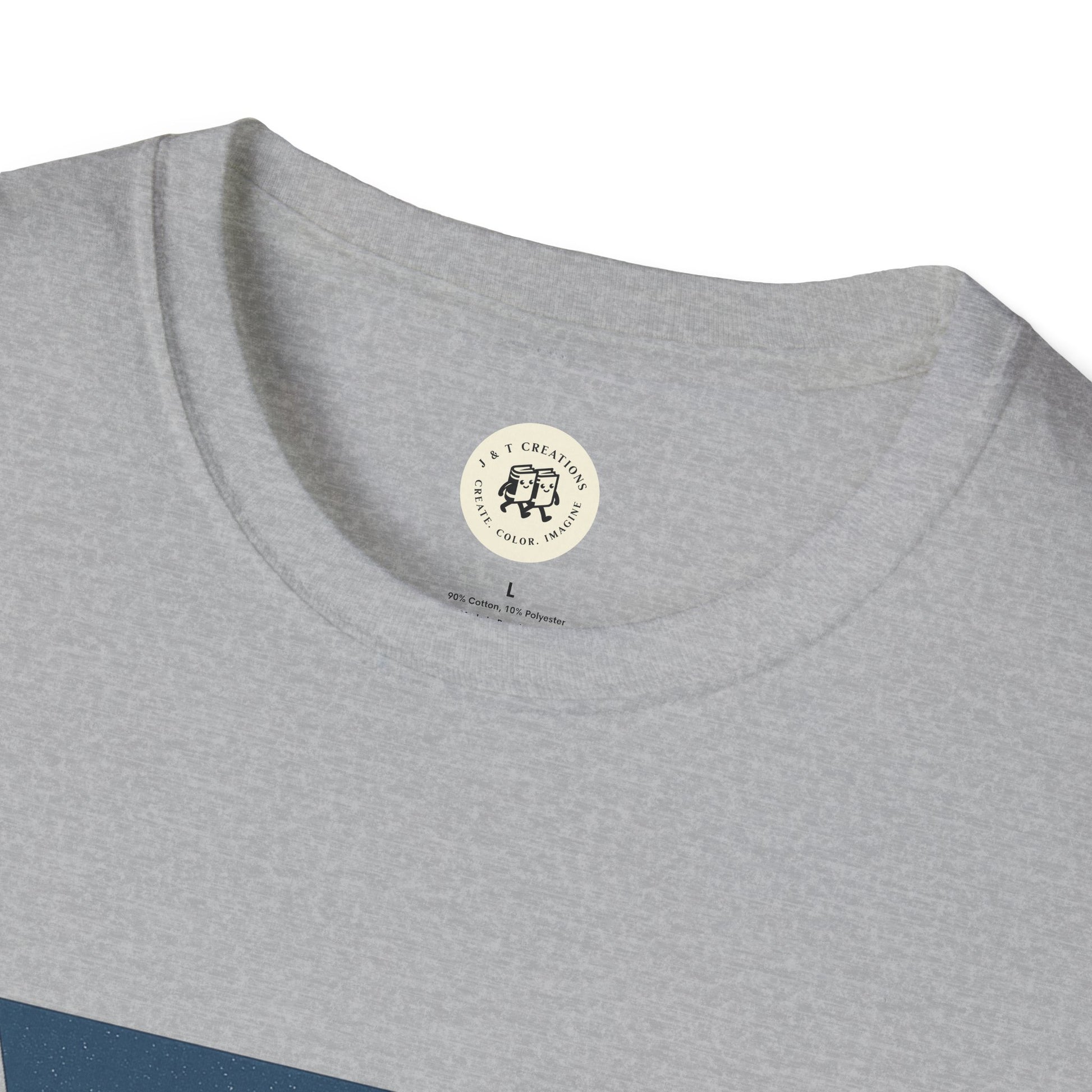 Close-up of grey Printify Pennsylvania keystone USA t-shirt collar and fabric texture
