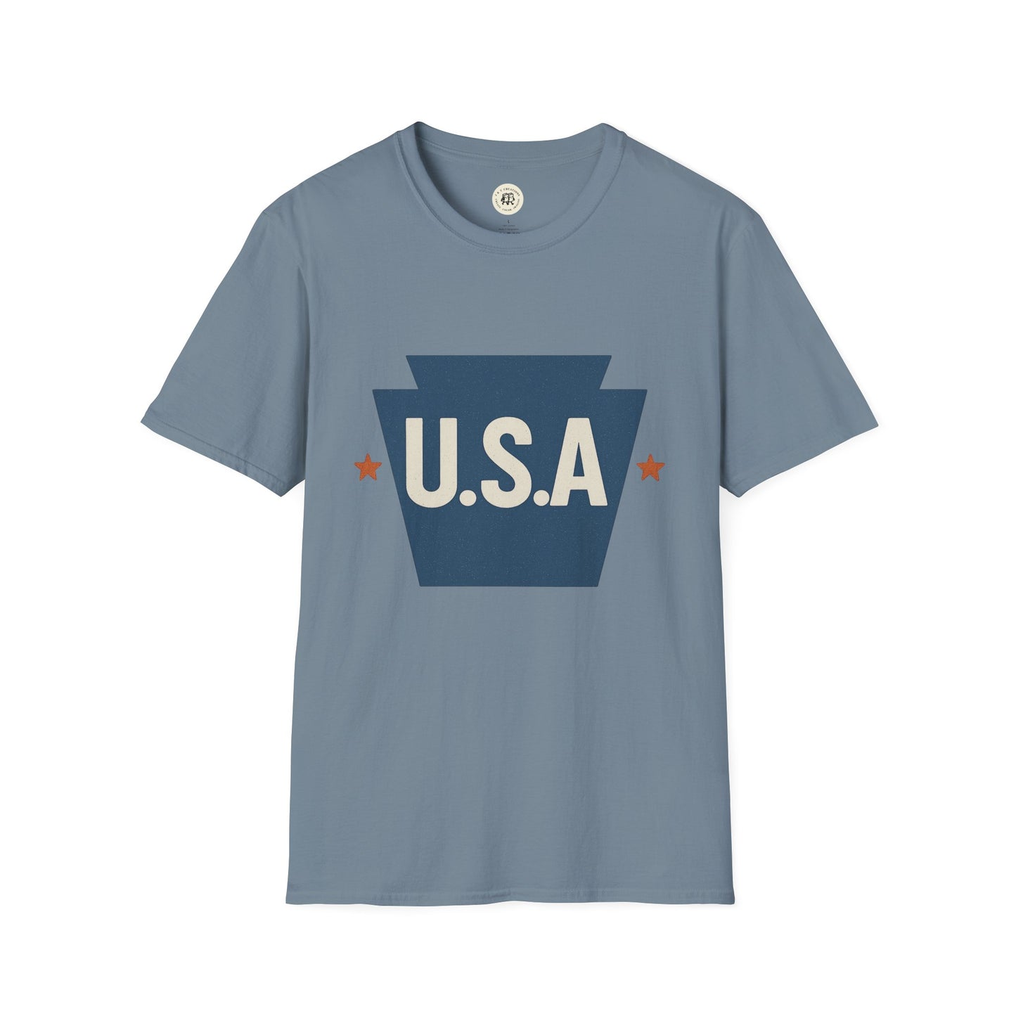 Pennsylvania keystone USA t-shirt in blue with large keystone graphic and stars on front