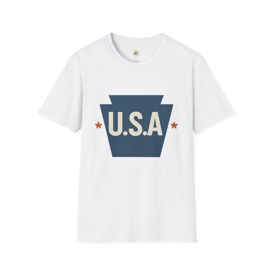 White Printify Pennsylvania keystone USA t-shirt with blue keystone and U.S.A text design