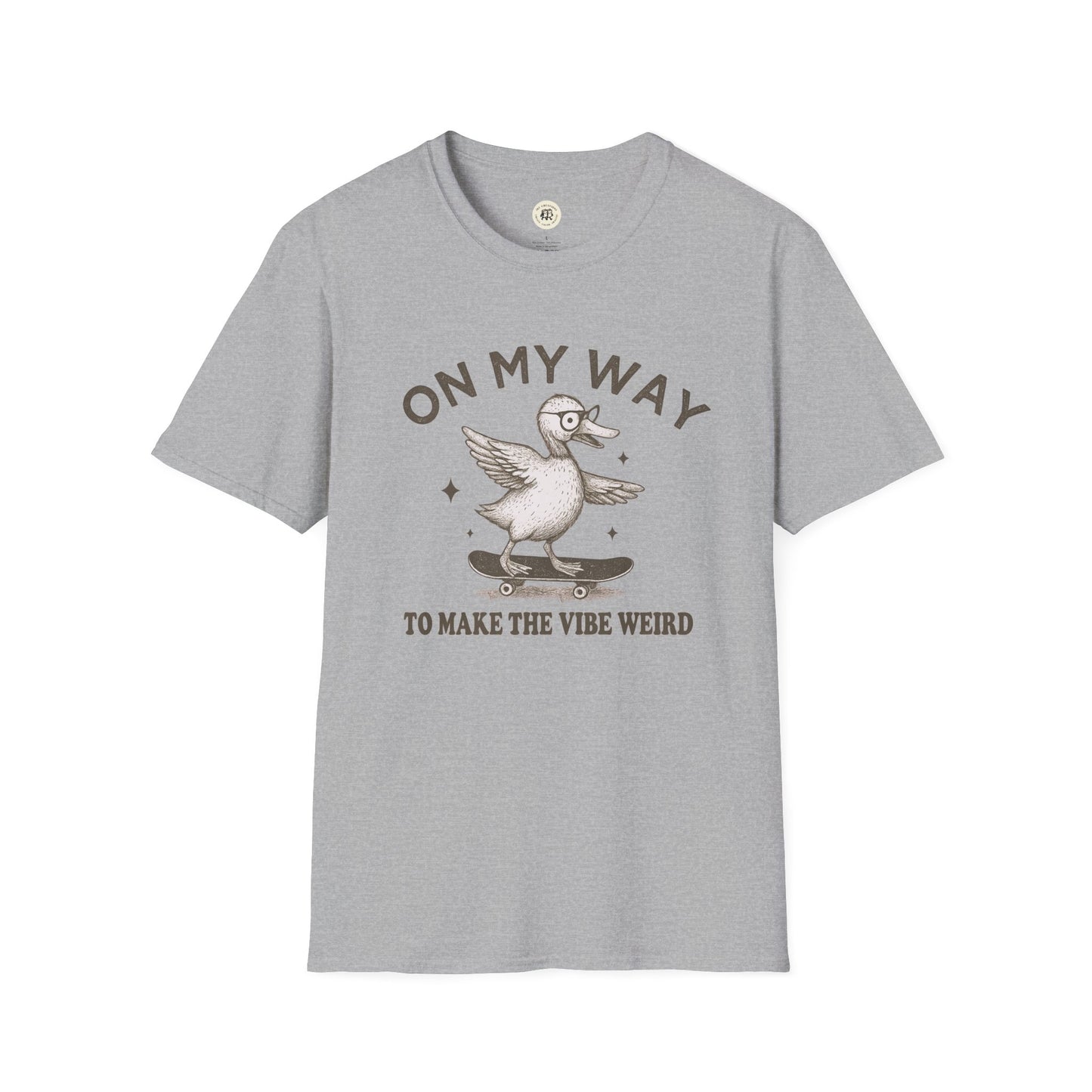Printify quirky duck t-shirt in gray featuring a duck on a skateboard with text on my way