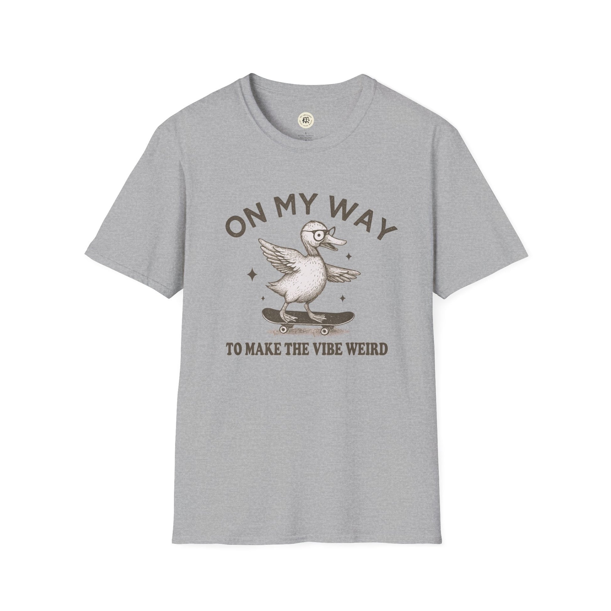 Printify quirky duck t-shirt in gray featuring a duck on a skateboard with text on my way