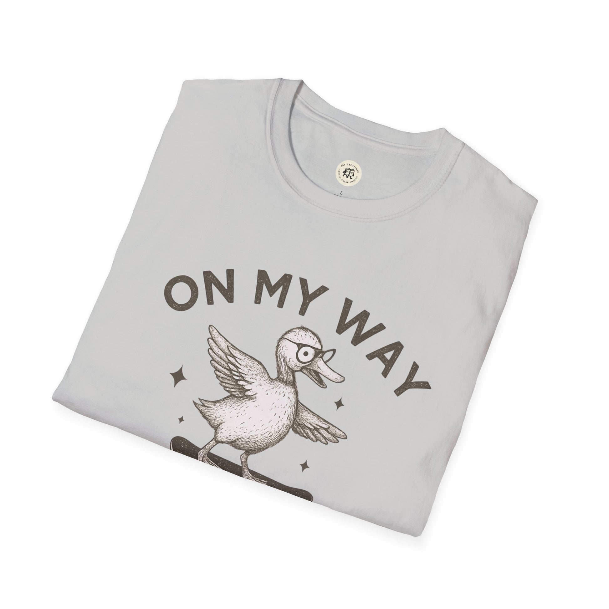 Printify quirky duck t-shirt with cartoon duck and on my way text graphic in light gray