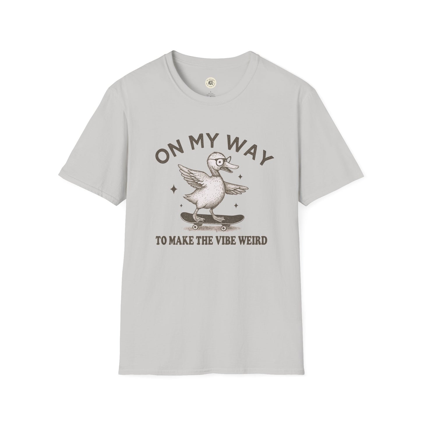 Printify quirky duck t-shirt with cartoon duck on skateboard and text on my way to make the vibe weird