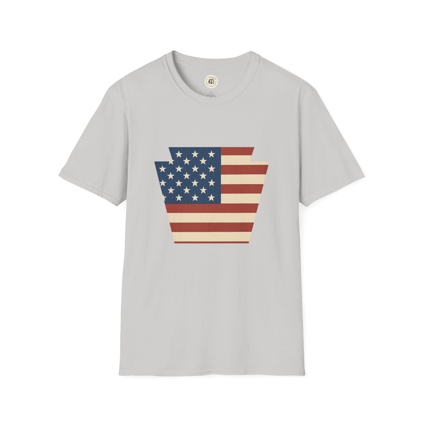 Printify gray T-shirt with Pennsylvania Keystone American flag shirt design in vintage colors