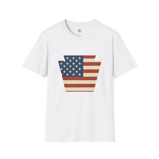 White Printify t-shirt featuring Pennsylvania Keystone American flag shirt design with stars and stripes