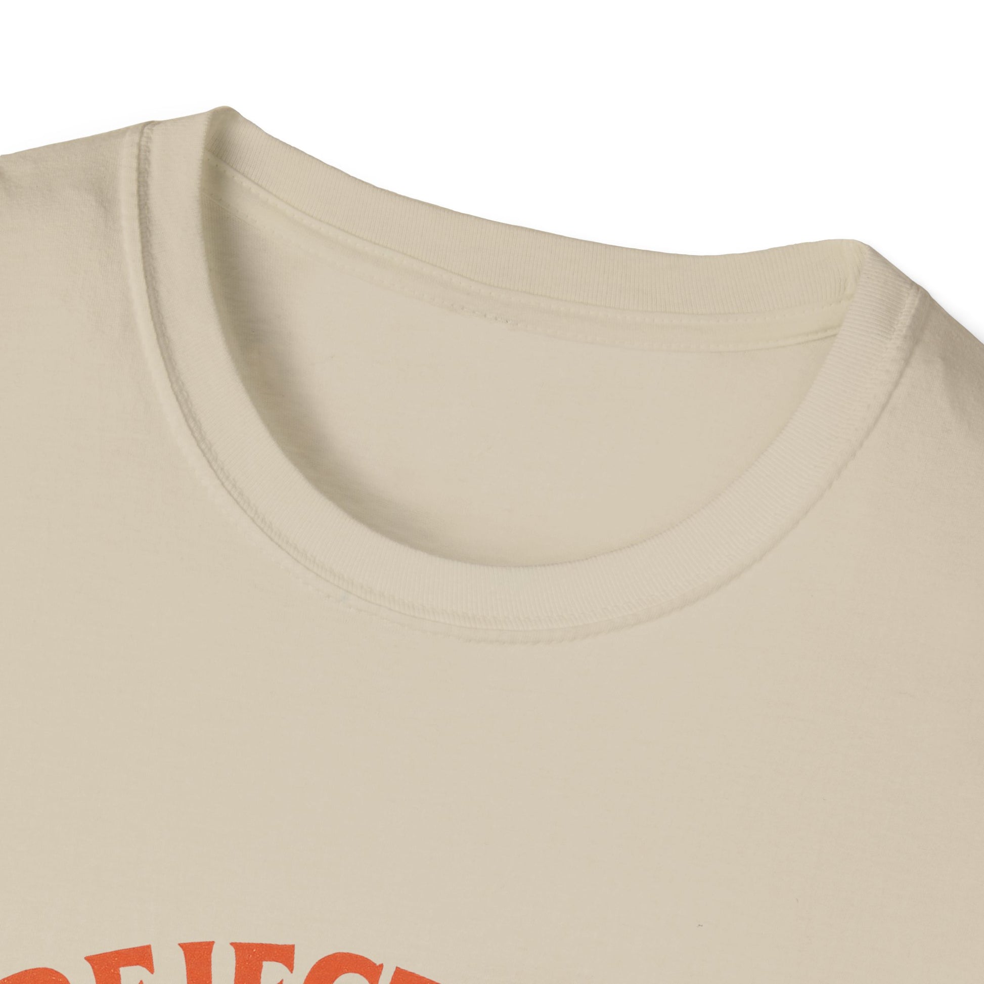Close-up of beige rejecting kings t-shirt neck collar from Printify with detailed stitching