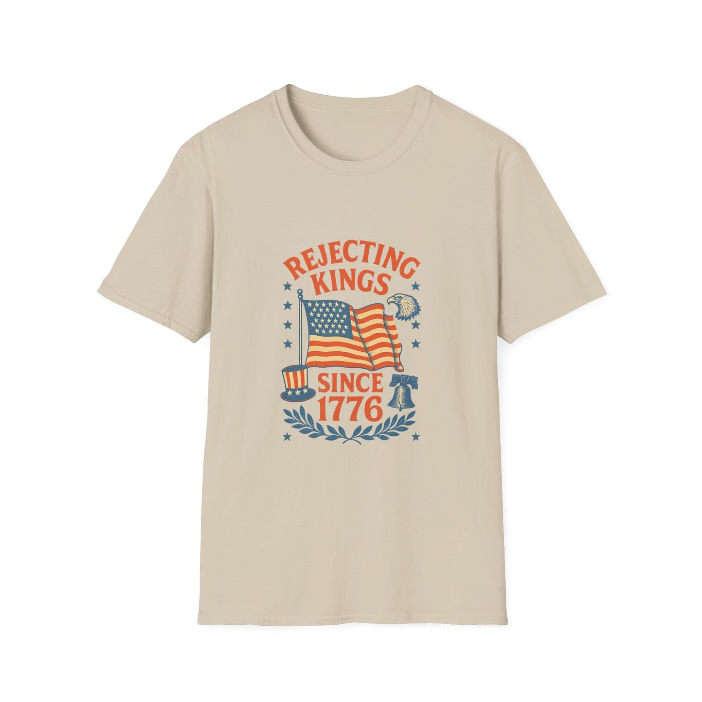Beige rejecting kings t-shirt with vintage American flag and patriotic 1776 design
