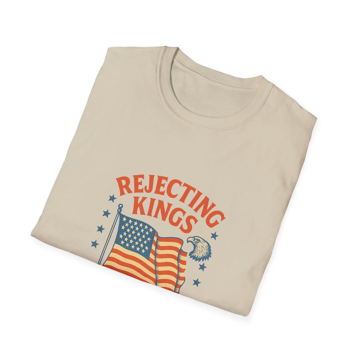 Beige Printify rejecting kings t-shirt featuring vintage American flag and eagle design