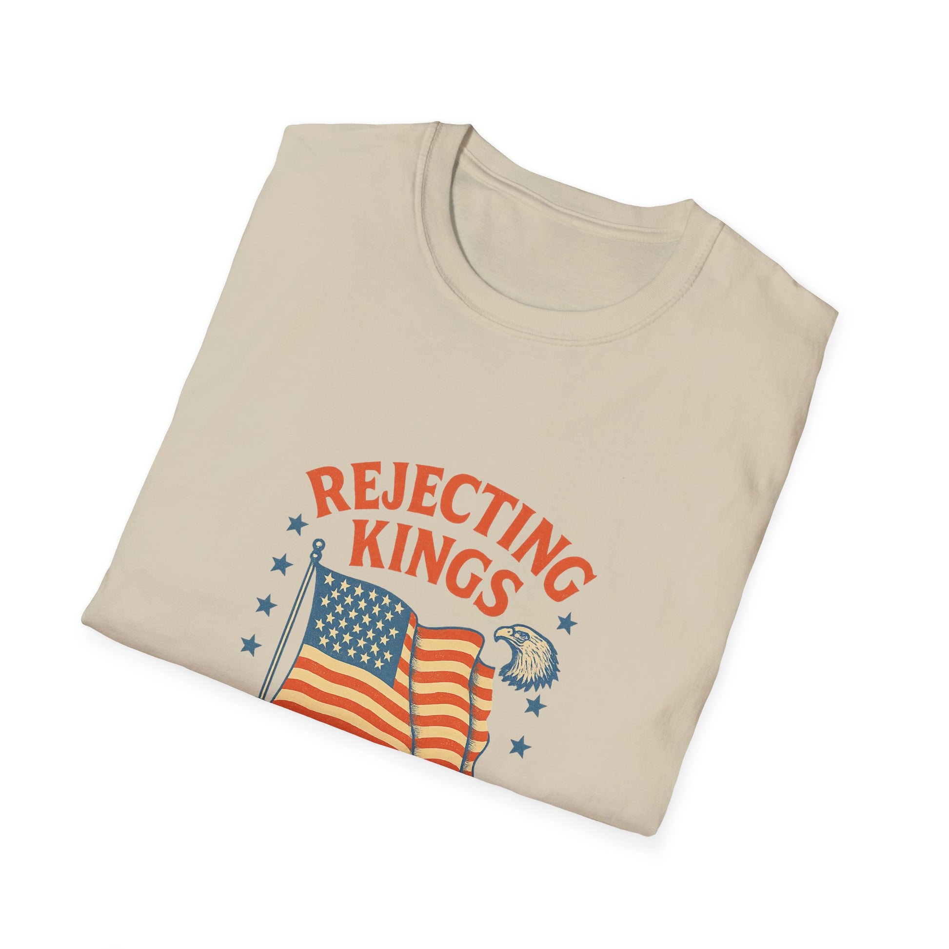 Beige Printify rejecting kings t-shirt featuring vintage American flag and eagle design