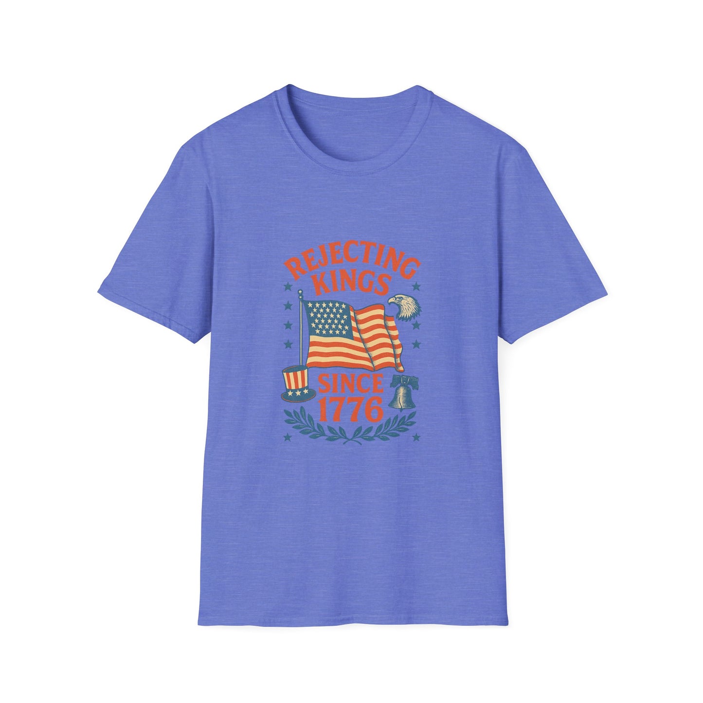 Printify rejecting kings t-shirt with patriotic 1776 American flag design on blue fabric