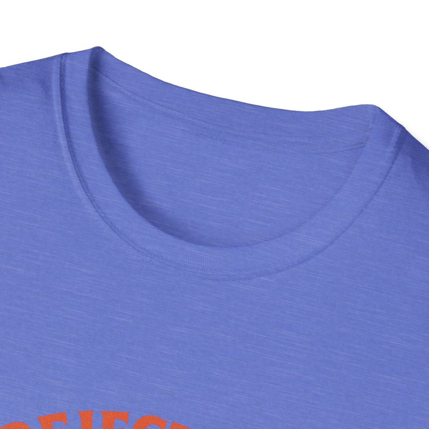 Close-up of blue rejecting kings t-shirt collar and upper fabric texture from Printify