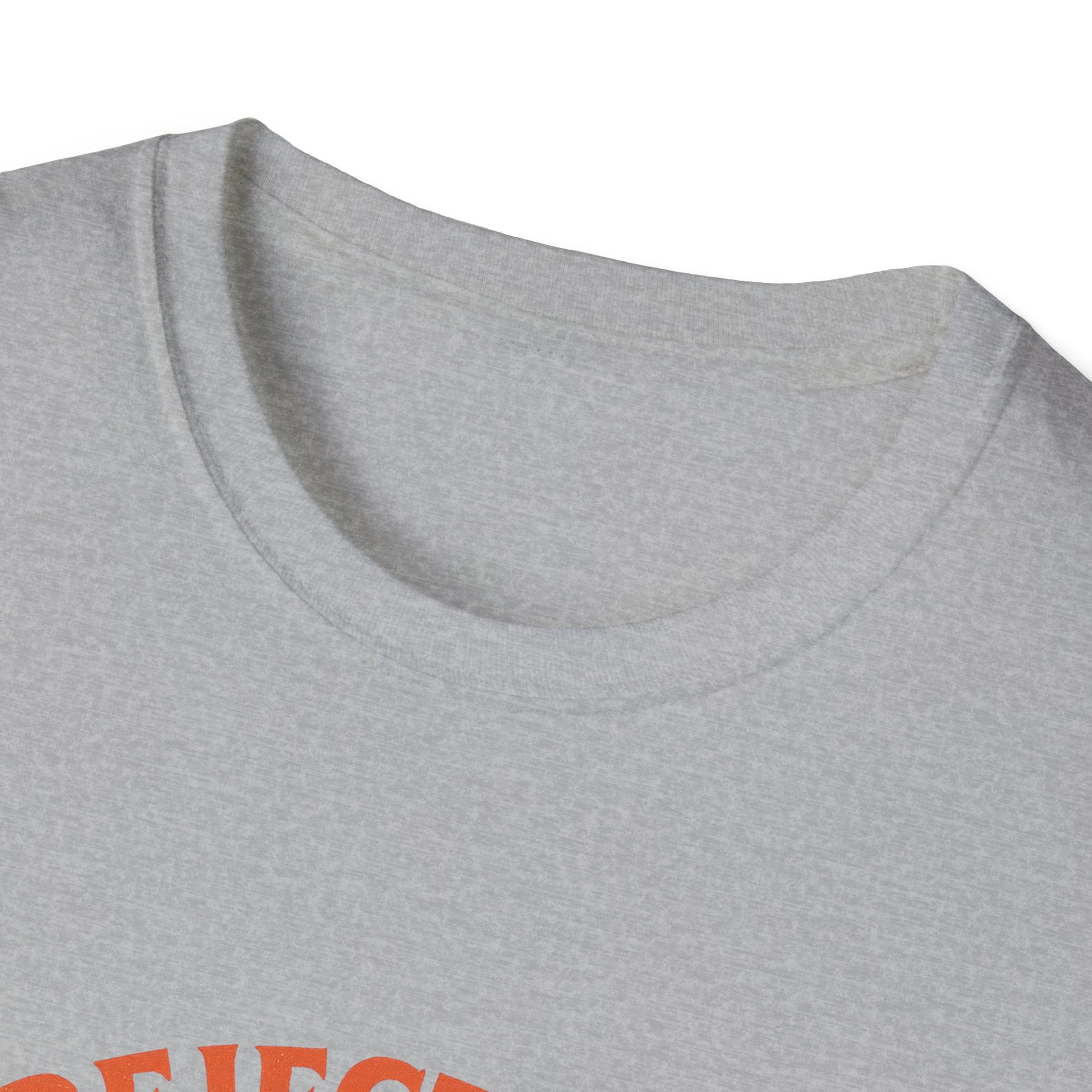 Close-up of grey rejecting kings t-shirt collar and upper chest area by Printify