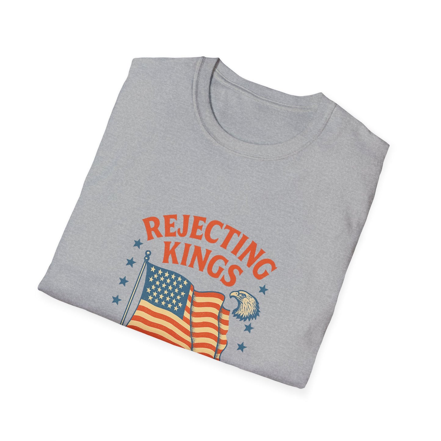 Gray rejecting kings t-shirt with American flag and eagle graphic by Printify