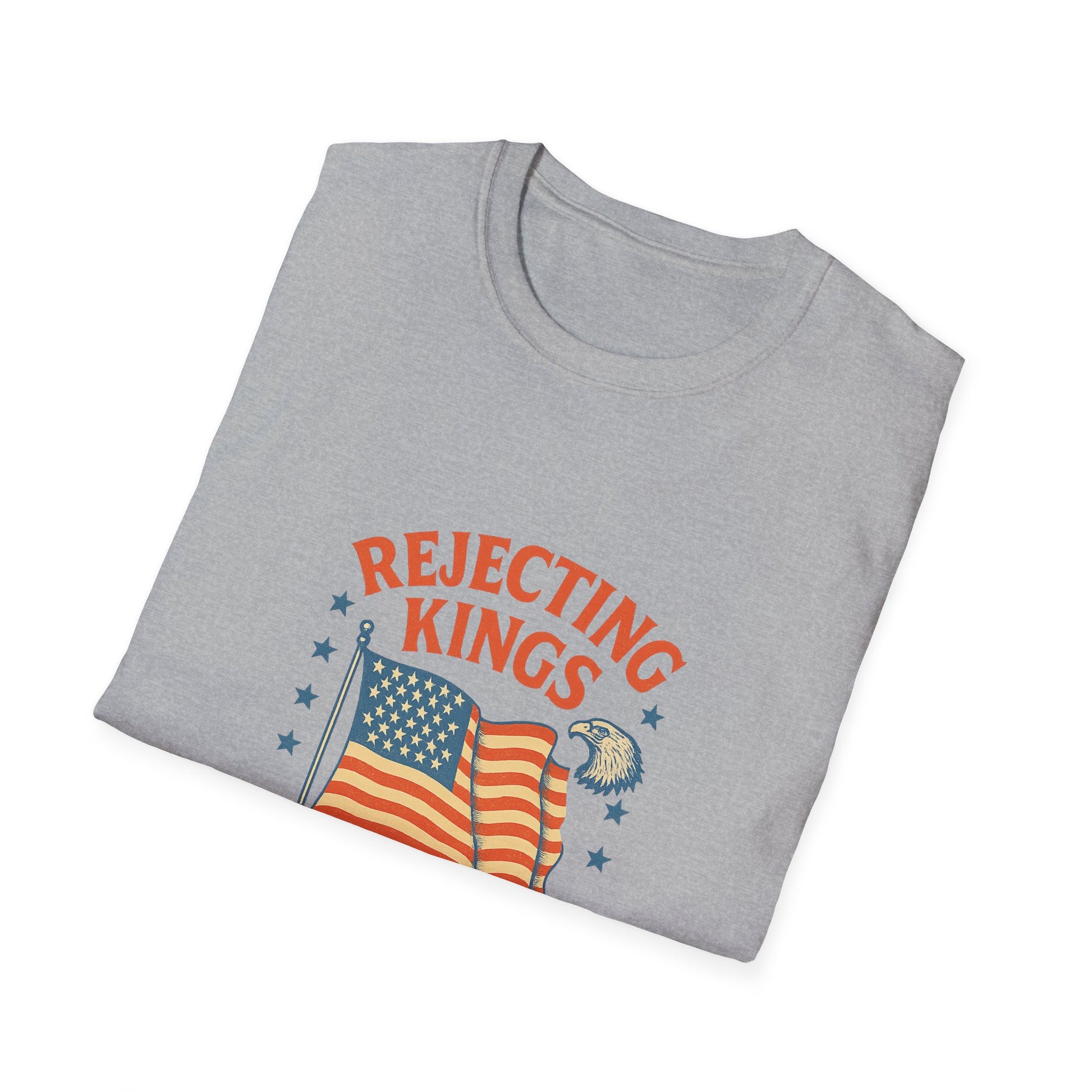 Gray rejecting kings t-shirt with American flag and eagle graphic by Printify