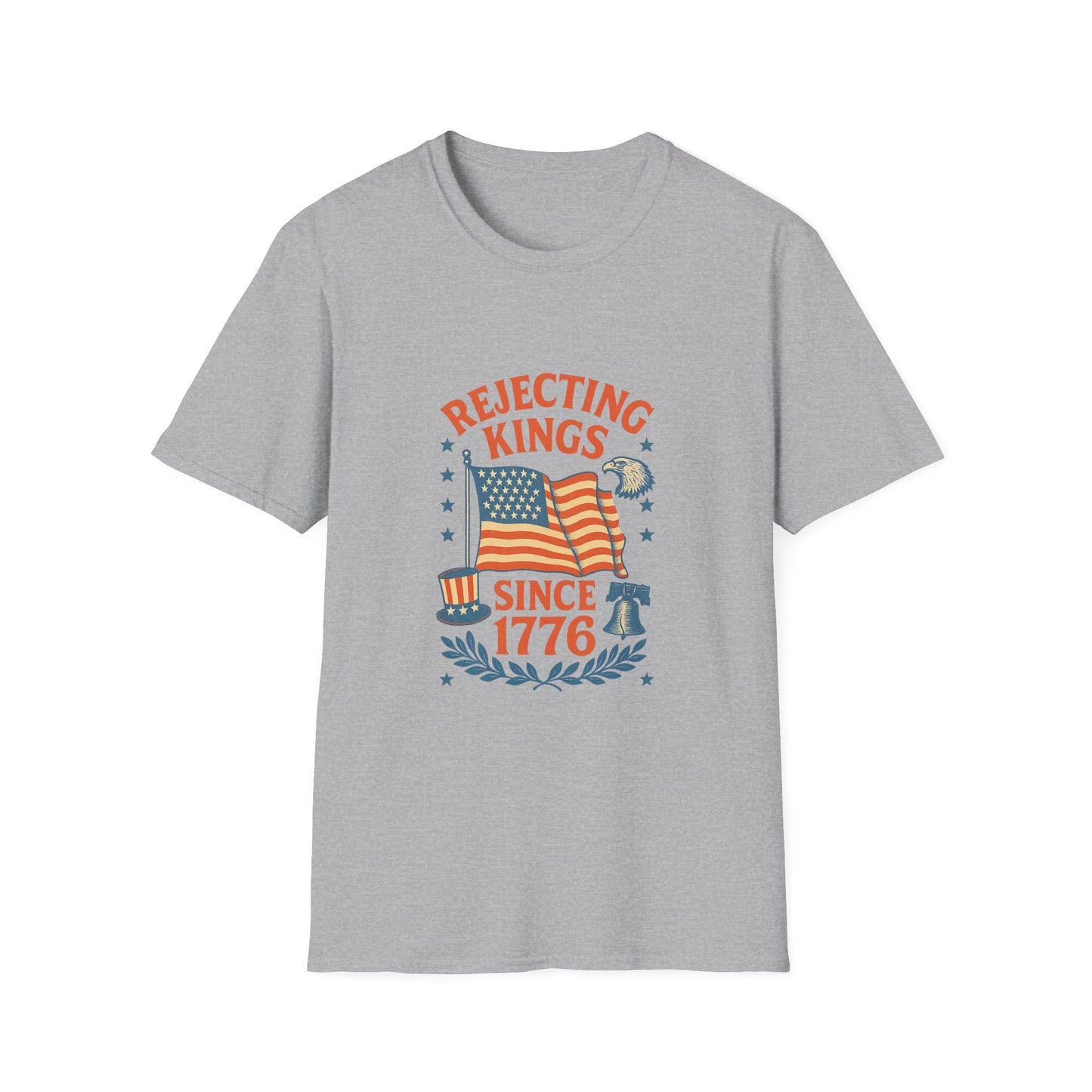 Gray rejecting kings t-shirt with patriotic design featuring American flag and 1776 text