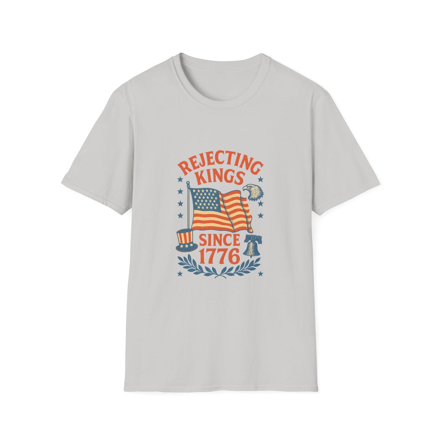 Printify rejecting kings t-shirt with American flag and patriotic 1776 design on light gray fabric