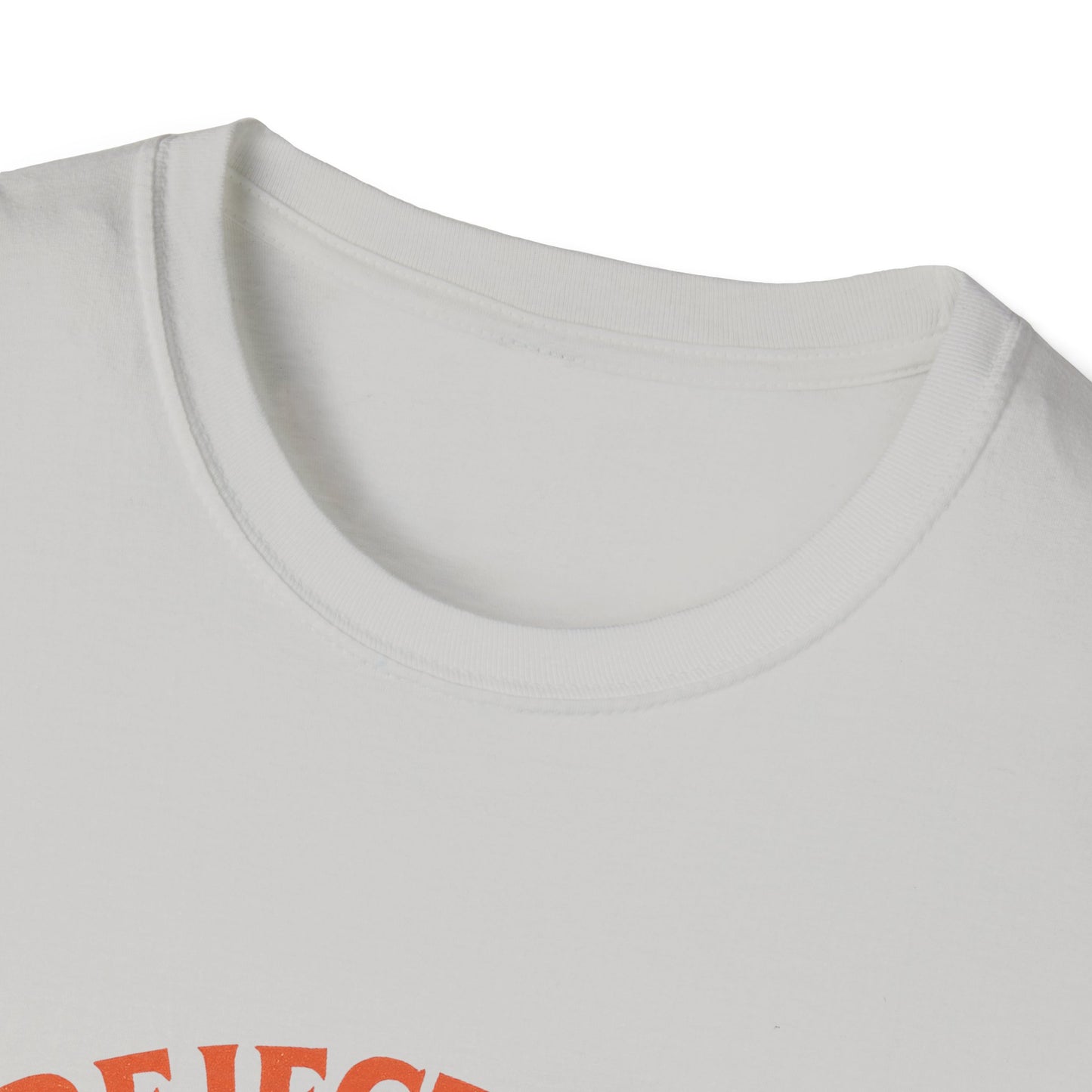 Close-up of white Printify rejecting kings t-shirt with round neckline and partial orange text