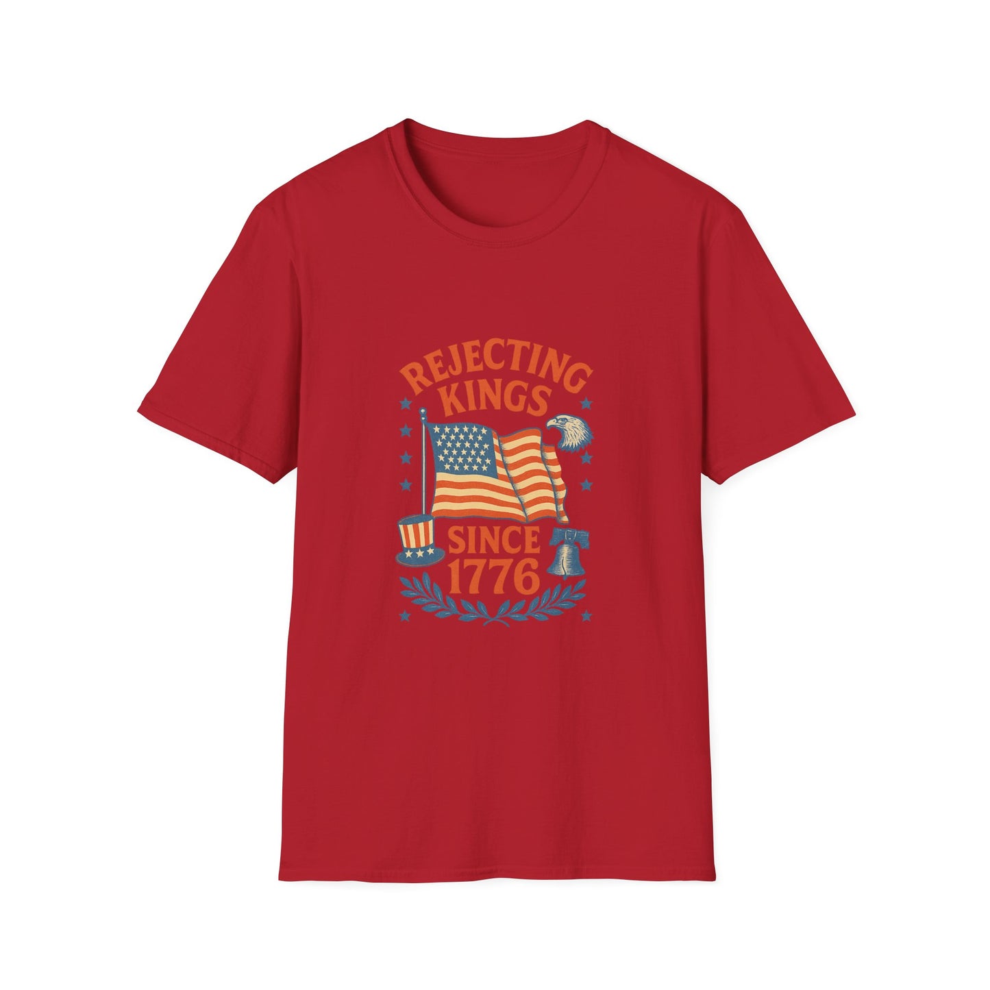 Red rejecting kings t-shirt featuring American flag and patriotic 1776 design