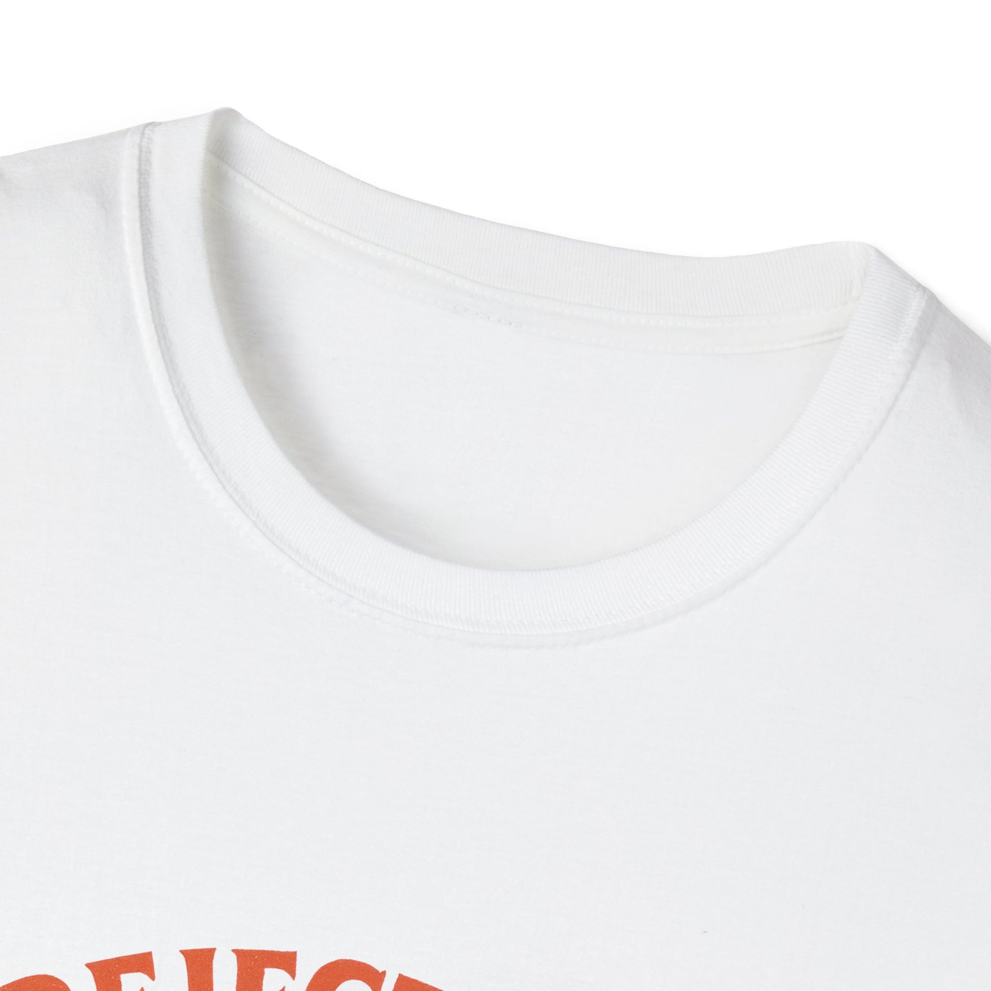 Close-up of white rejecting kings t-shirt collar and part of graphic print by Printify
