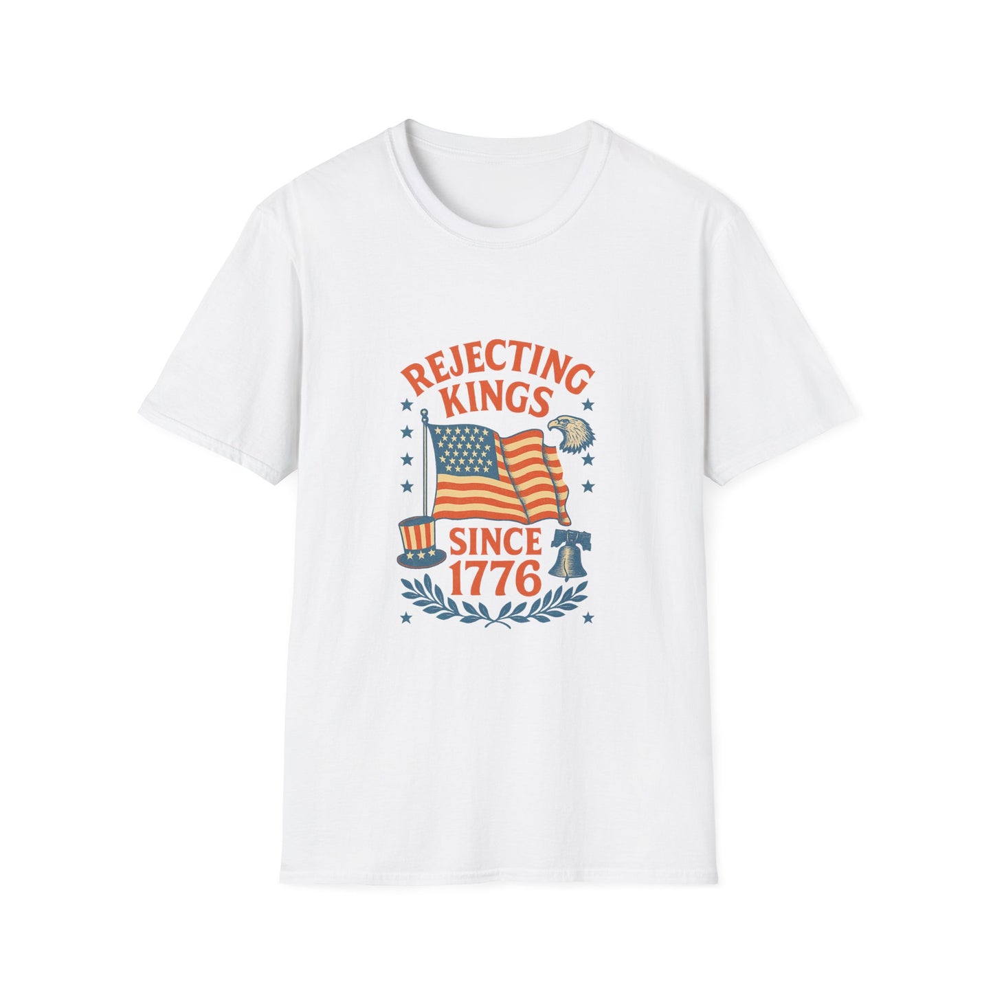 White rejecting kings t-shirt with American flag and 1776 patriotic design by Printify