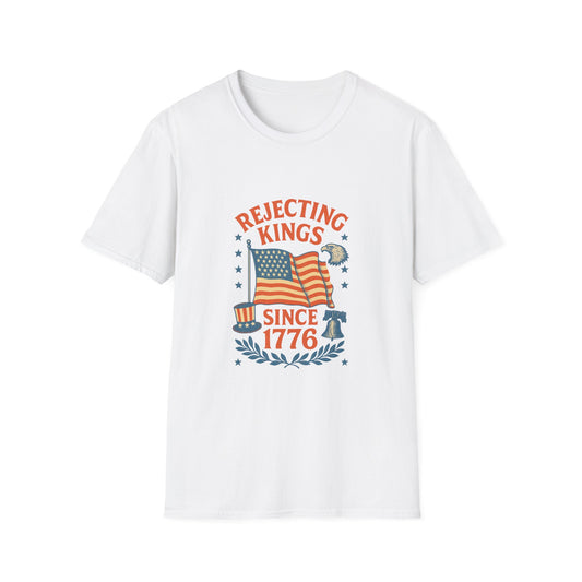White rejecting kings t-shirt with American flag and 1776 patriotic design by Printify