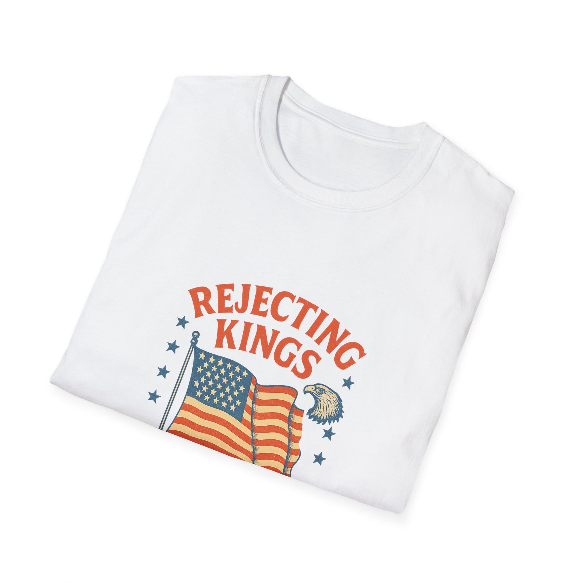 White rejecting kings t-shirt with vintage American flag and eagle graphic from Printify