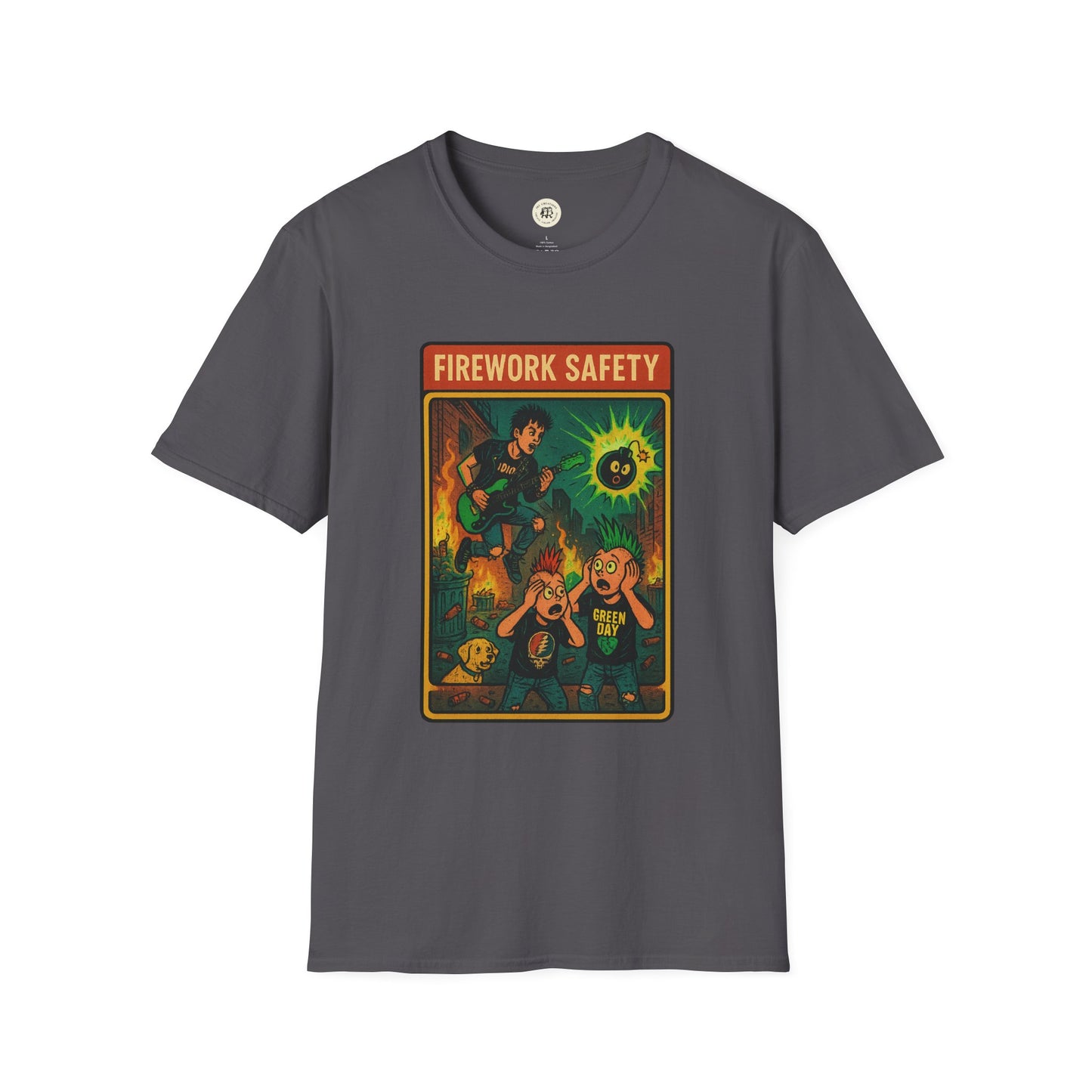 Retro Green Day safety shirt with firework safety graphic on charcoal gray T-shirt by Printify