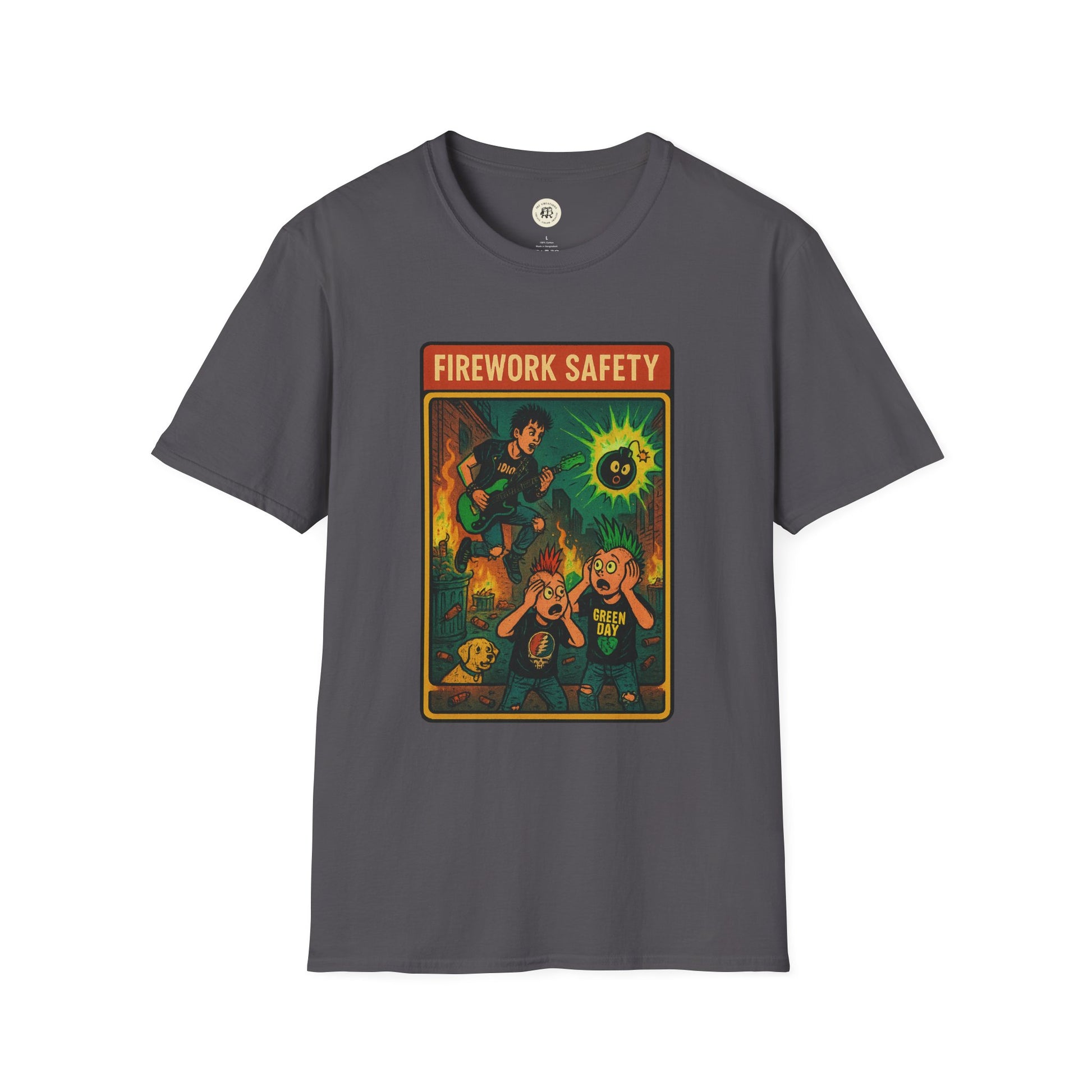 Retro Green Day safety shirt with firework safety graphic on charcoal gray T-shirt by Printify