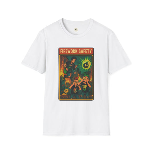 White Printify t-shirt featuring retro Green Day safety shirt graphic with firework safety theme