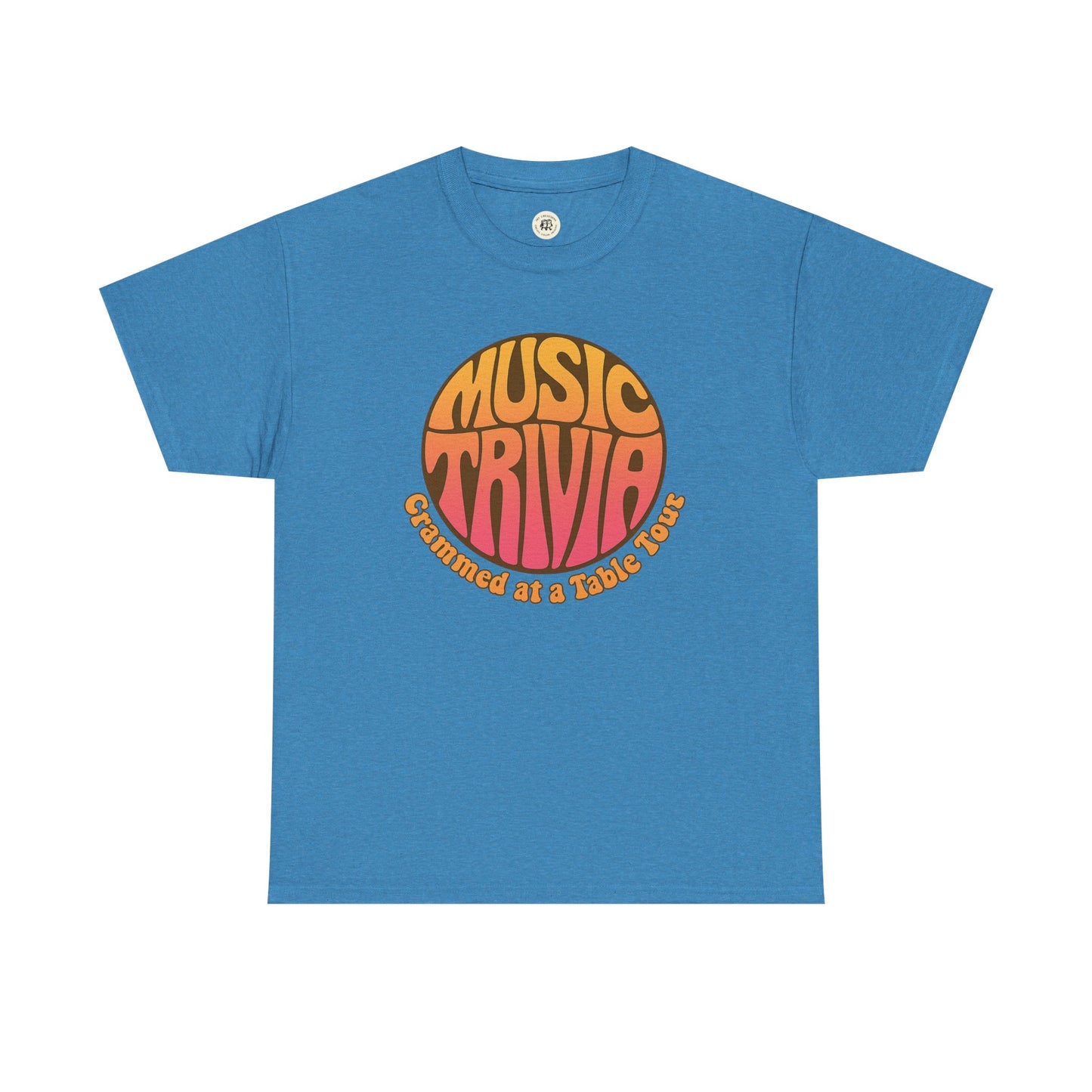 Blue Printify retro music trivia t-shirt with orange and yellow vintage style text design