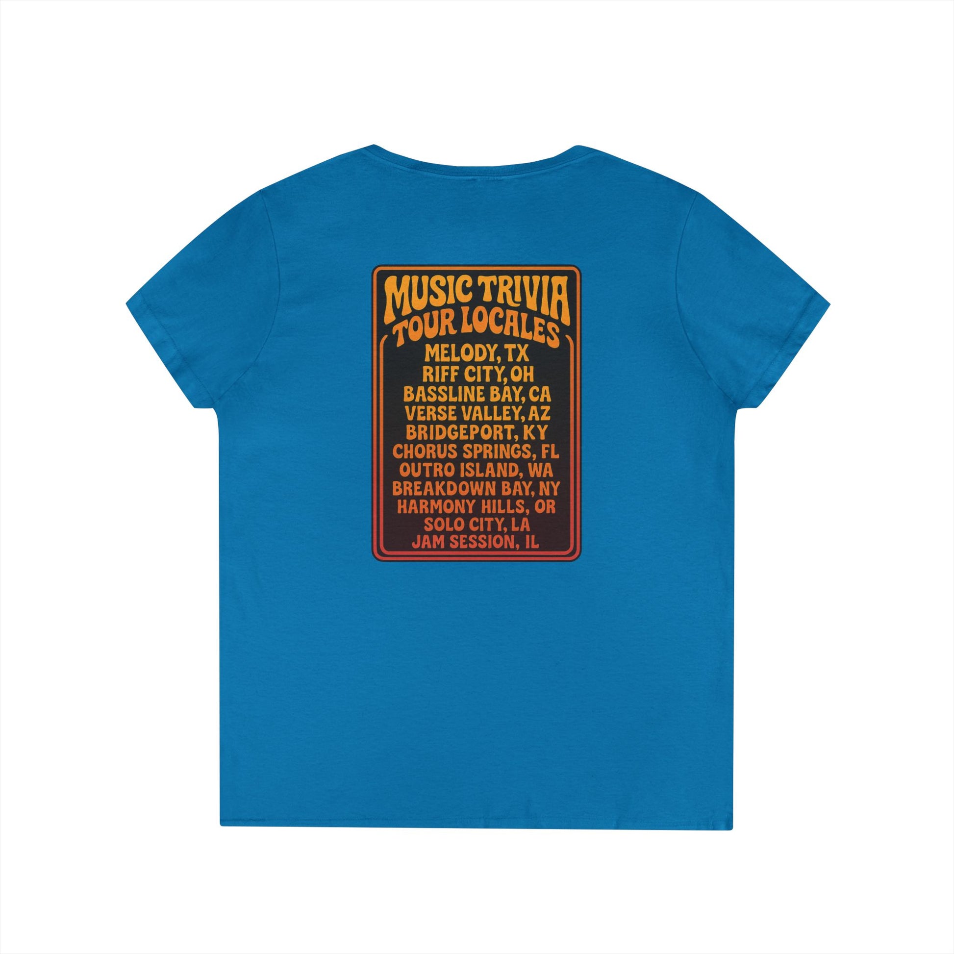 Blue retro music trivia t-shirt with tour locales graphic on the back from Printify