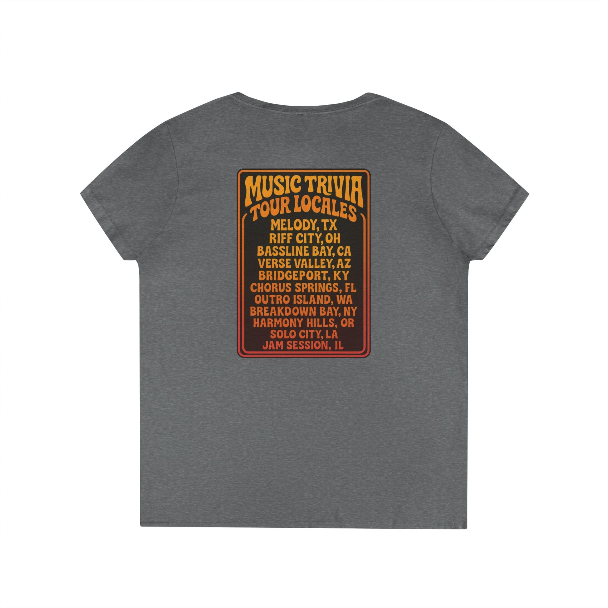 Retro music trivia t-shirt in gray with vintage tour locales graphic on the back from Printify