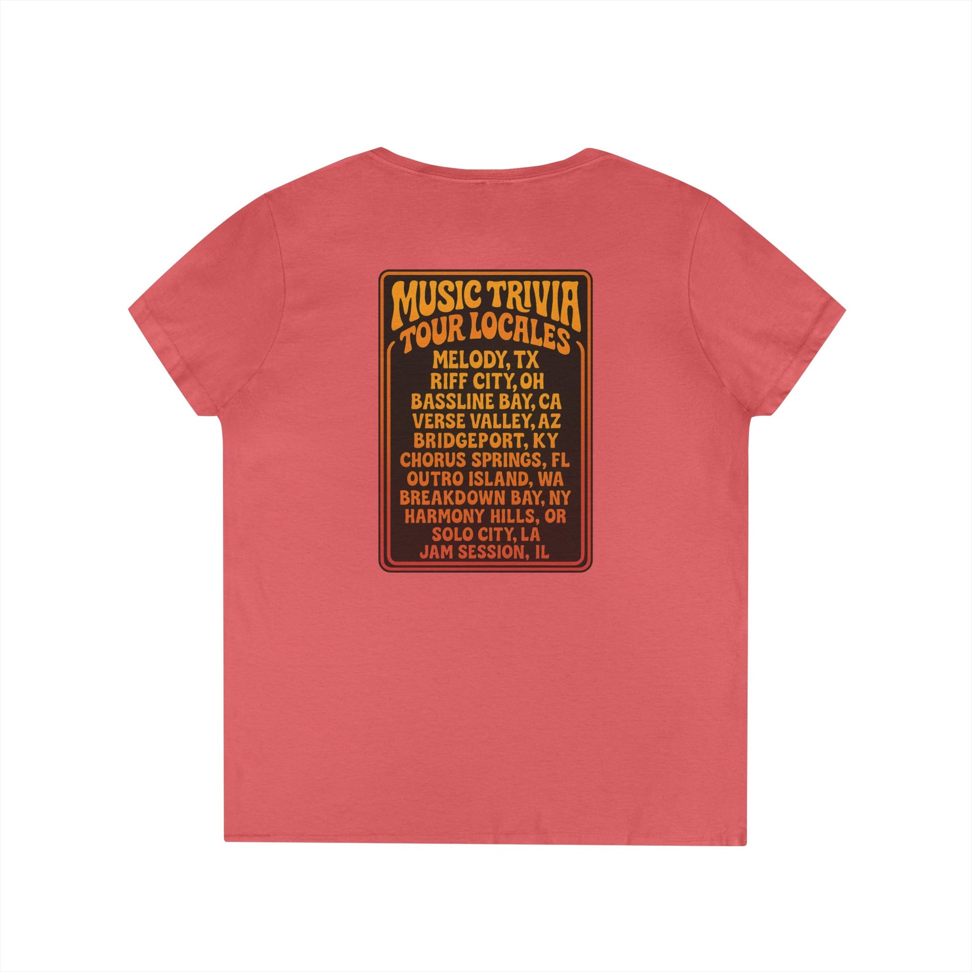 Retro music trivia t-shirt V-neck by Printify in red with vintage tour locales graphic on back