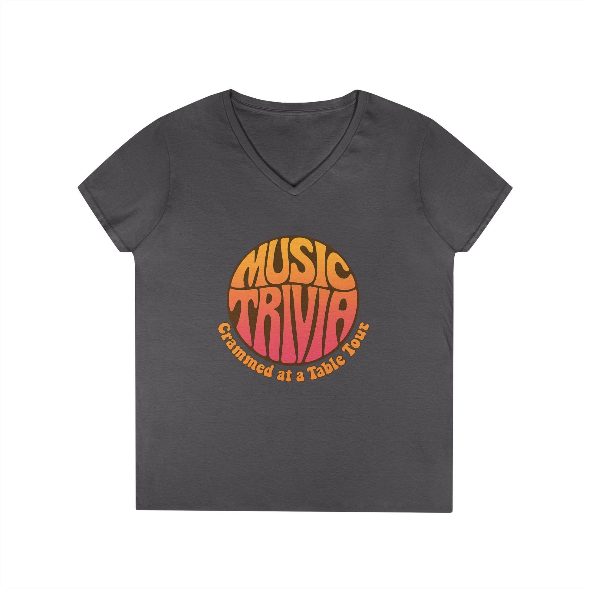 Printify retro music trivia t-shirt in charcoal gray with V-neck and colorful vintage design