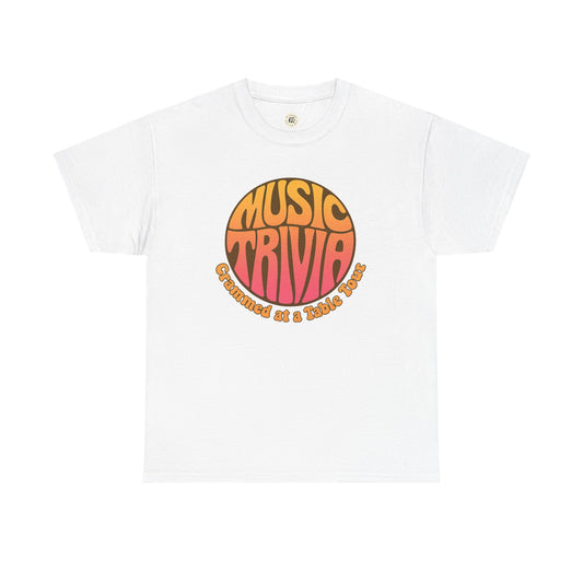 White Printify retro music trivia t-shirt with orange and pink circular graphic design