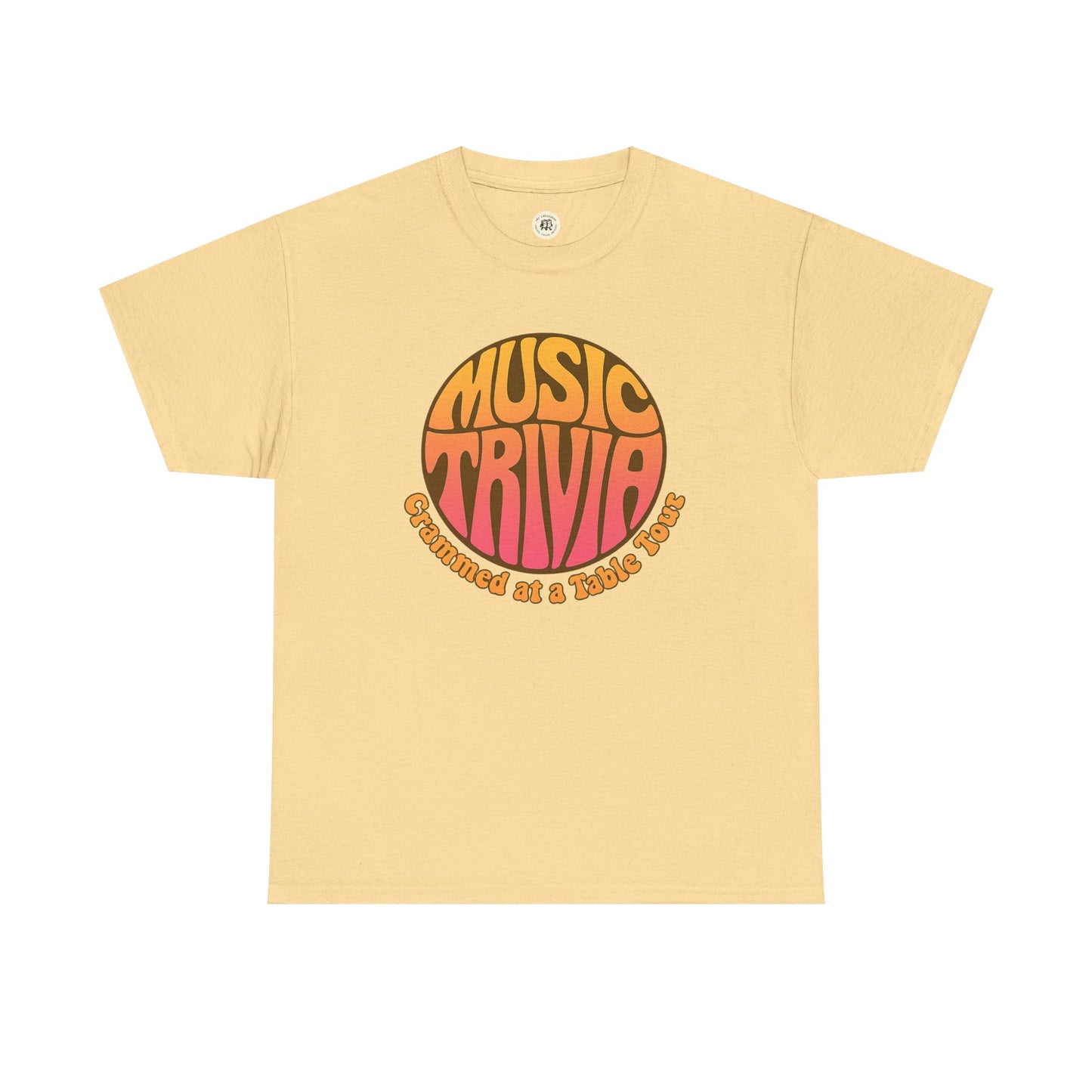 Printify cream retro music trivia t-shirt with colorful 70s style graphic design