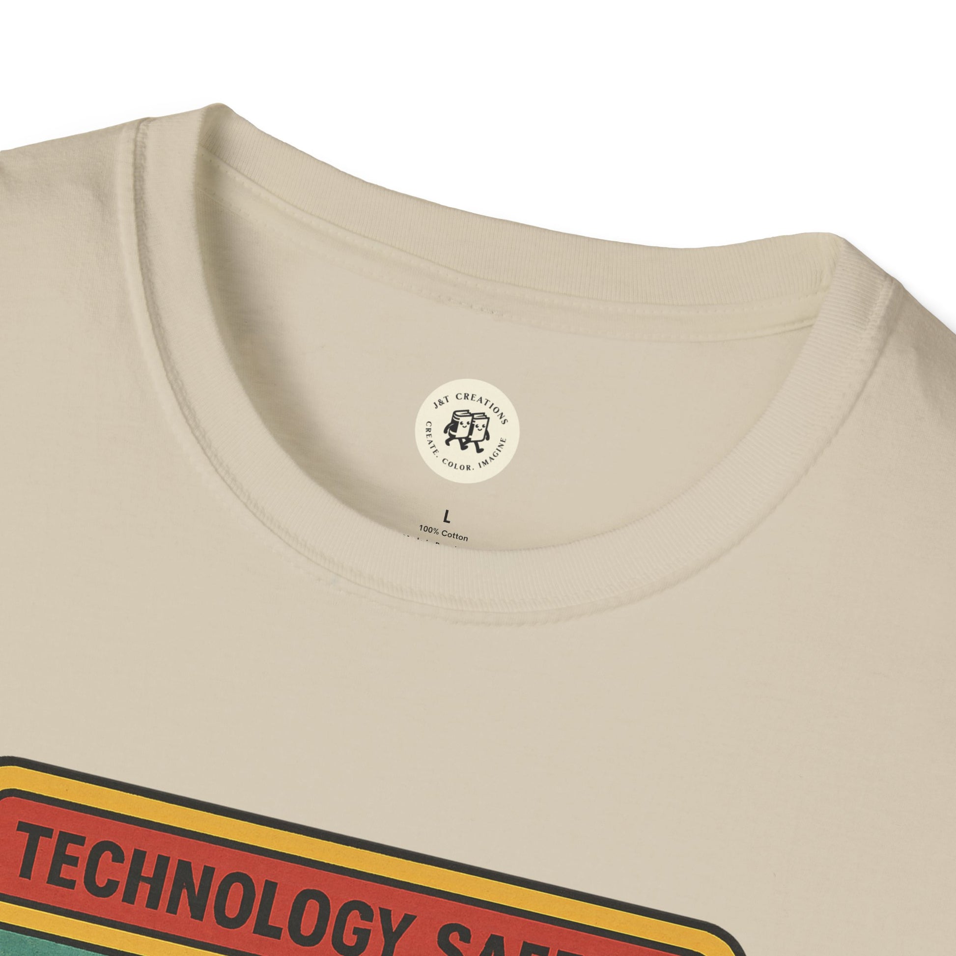 Close-up of a Printify retro Radiohead t-shirt with a beige color and graphic design on the front