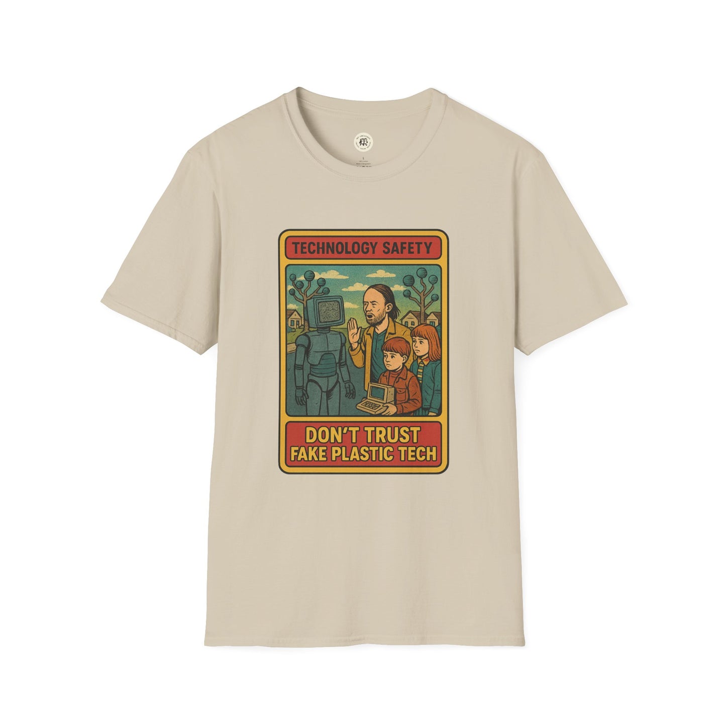 Printify beige retro Radiohead t-shirt with vintage technology safety graphic and warning text