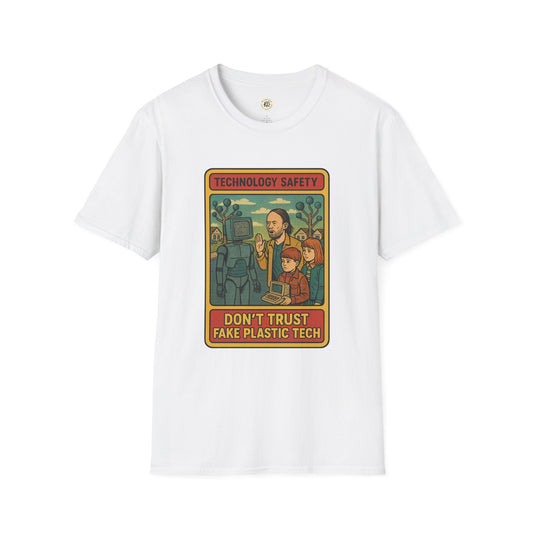 White Printify retro Radiohead t-shirt featuring vintage technology safety graphic with robot and kids