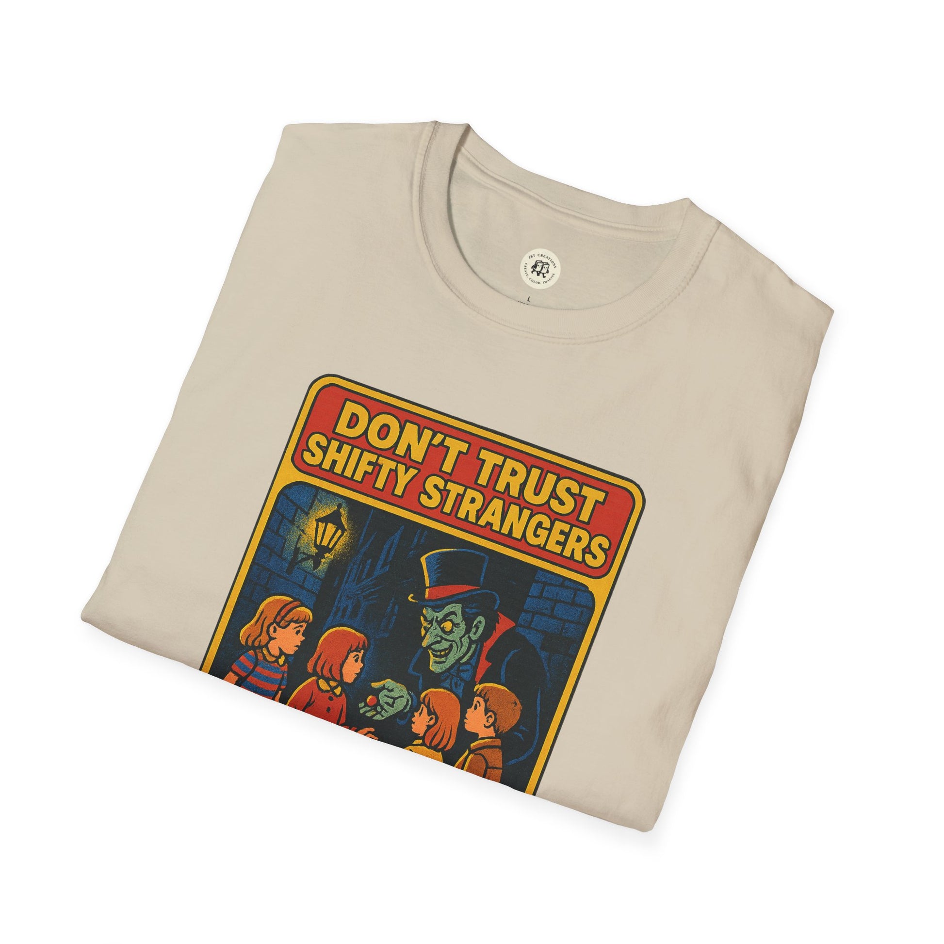 Printify beige retro stranger danger shirt with vintage graphic warning against shifty strangers