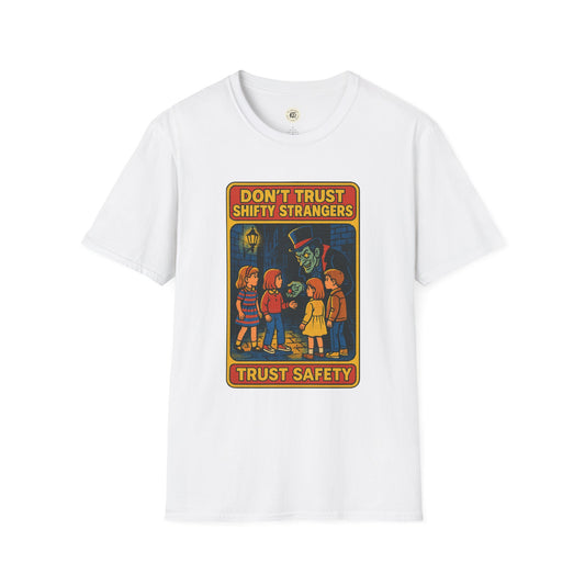White Printify t-shirt with retro stranger danger shirt design showing kids and shifty stranger graphic